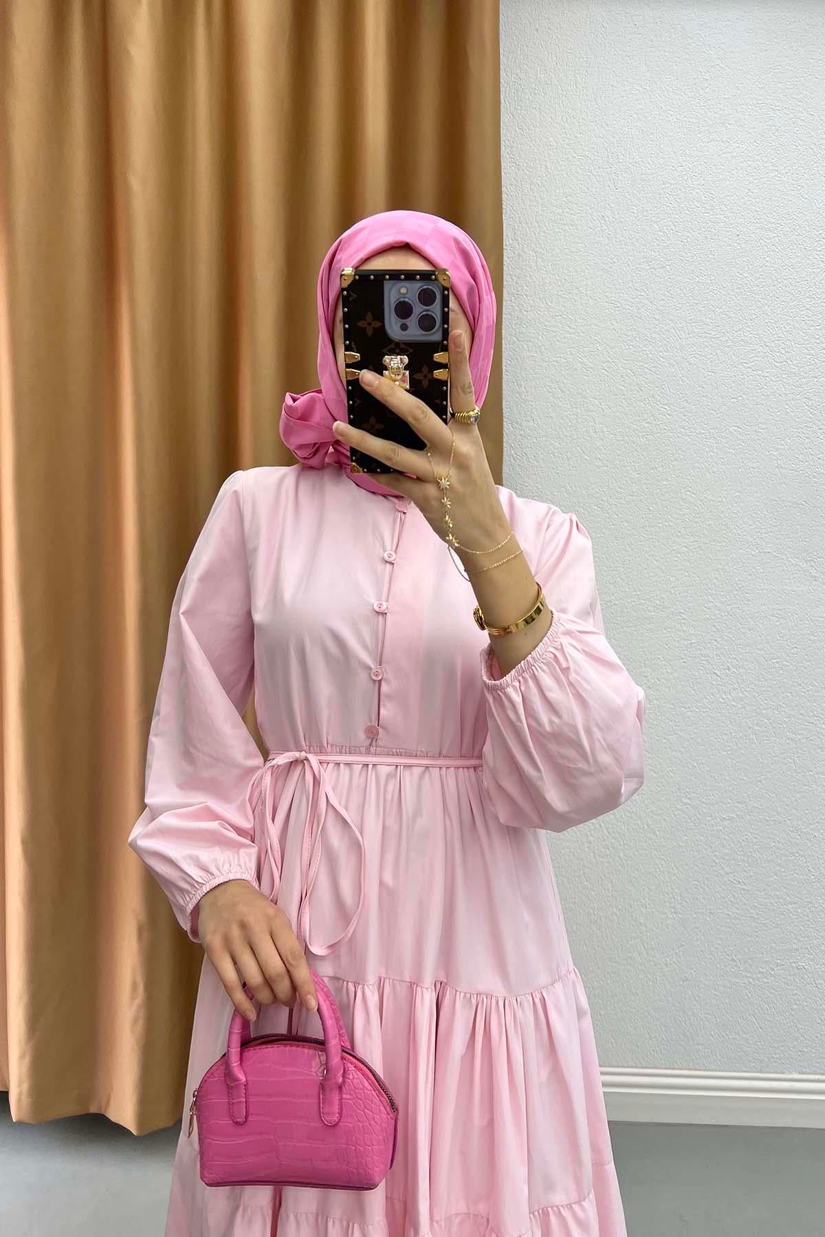 Yarım Düğmeli Elbise Pembe