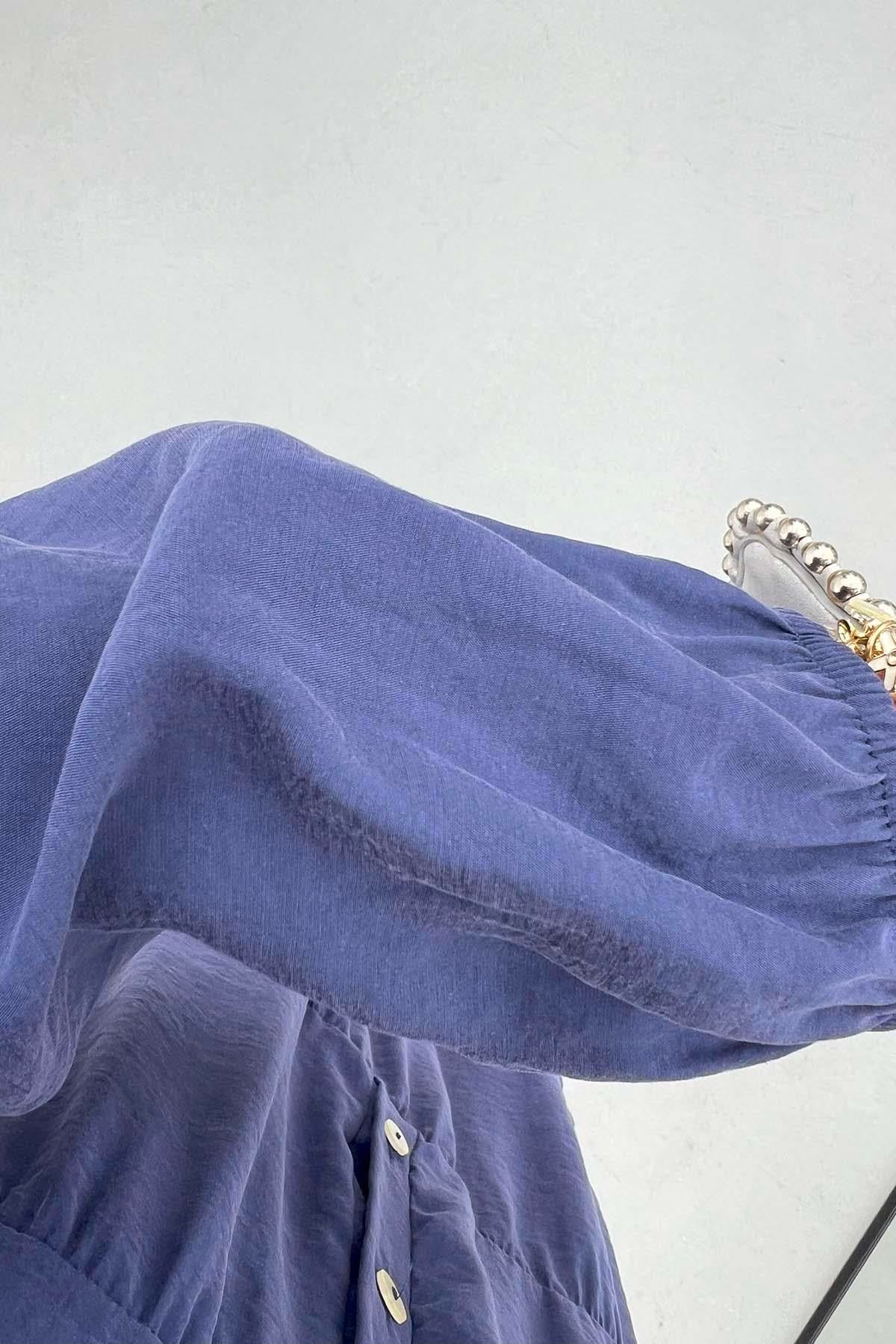 Yarım Düğmeli Tensel Elbise Lacivert