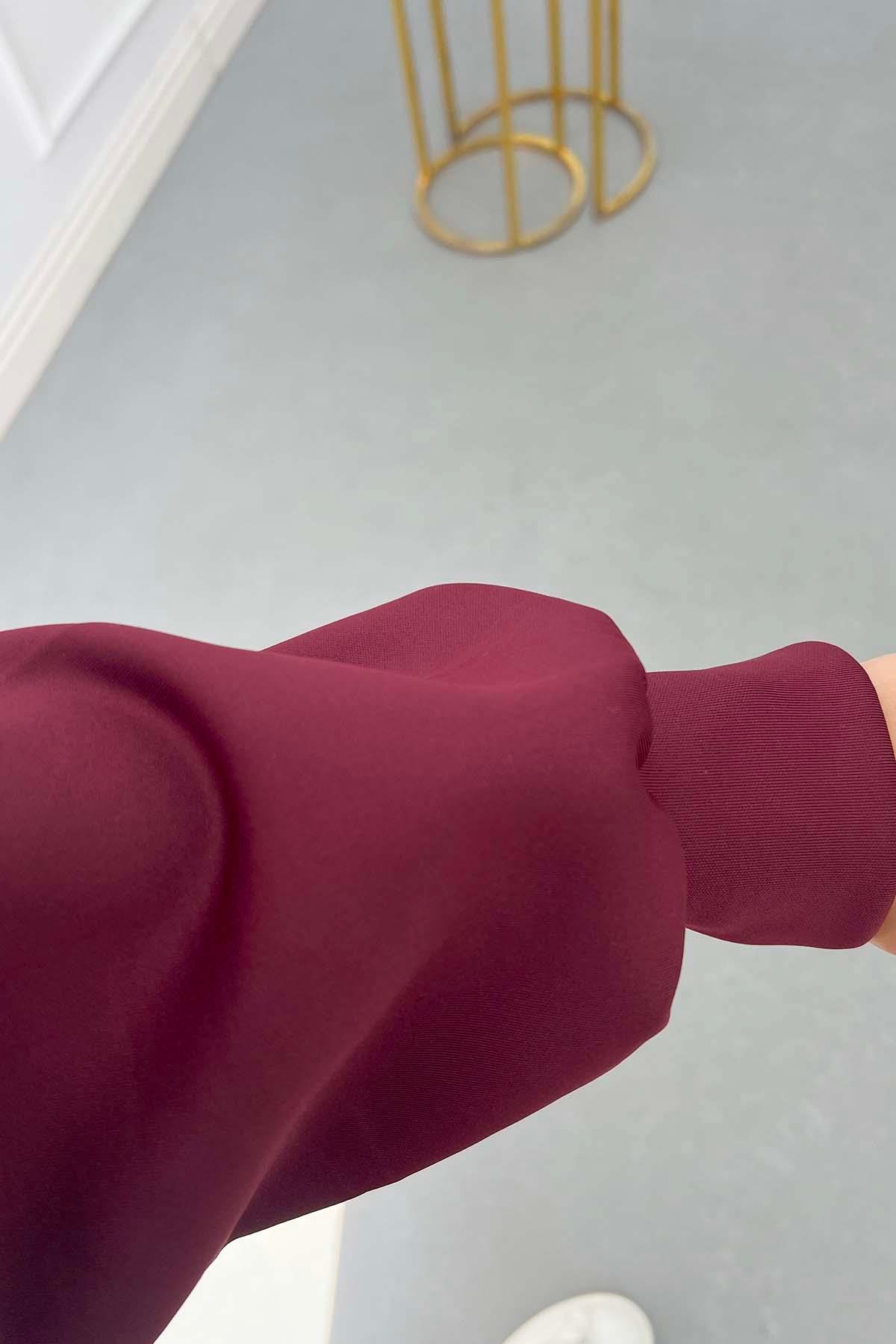 Yarım Fermuar Kuşaklı Scuba Elbise Bordo