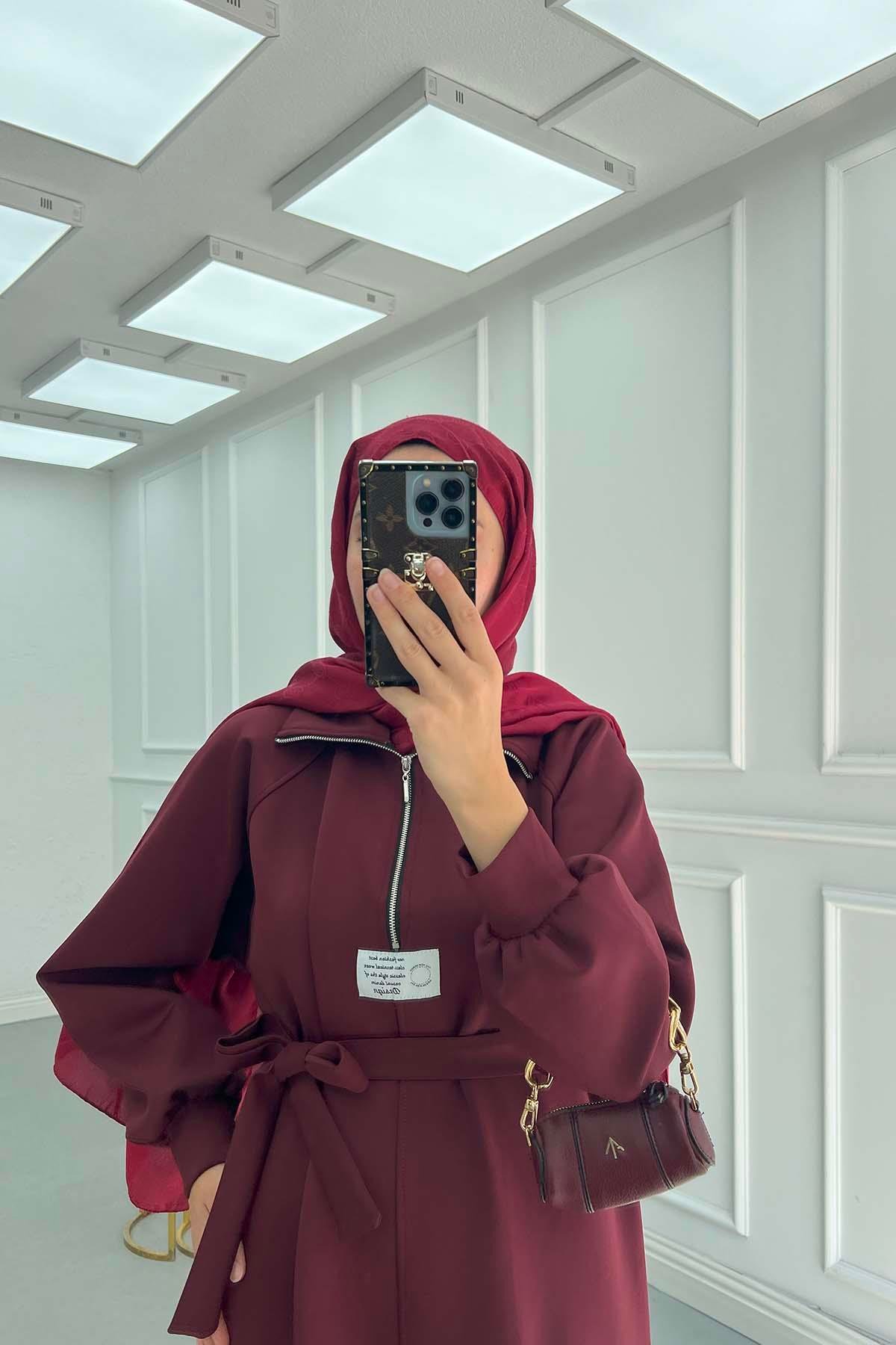 Yarım Fermuar Kuşaklı Scuba Elbise Bordo
