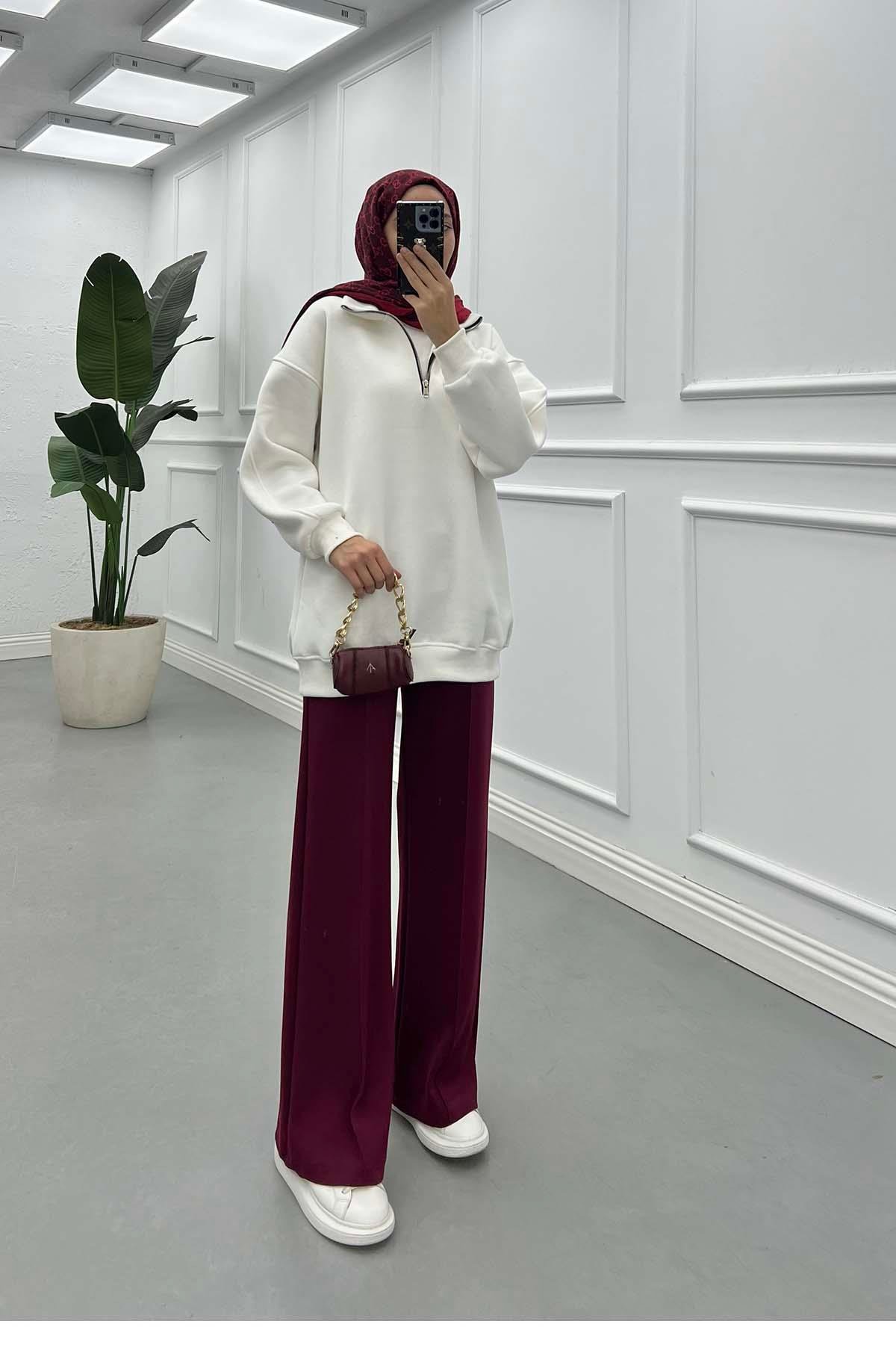 Yarım Fermuar Üç İplik Sweatshirt Beyaz
