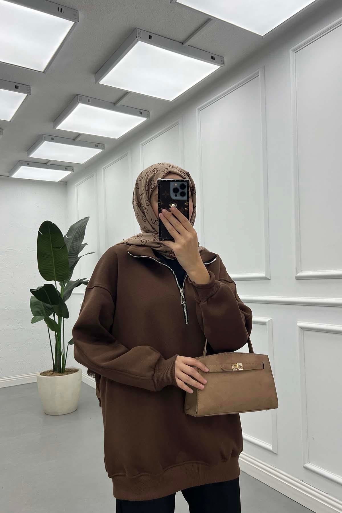 Yarım Fermuar Üç İplik Sweatshirt Kahve