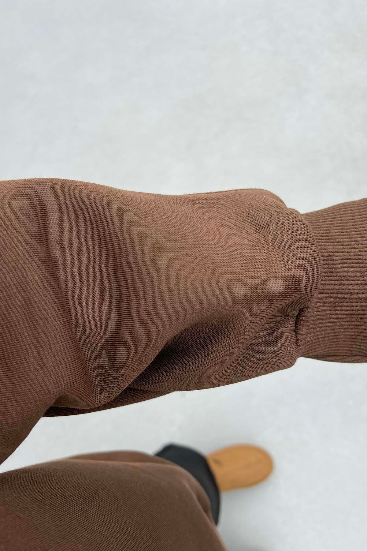Yarım Fermuar Üç İplik Sweatshirt Kahve