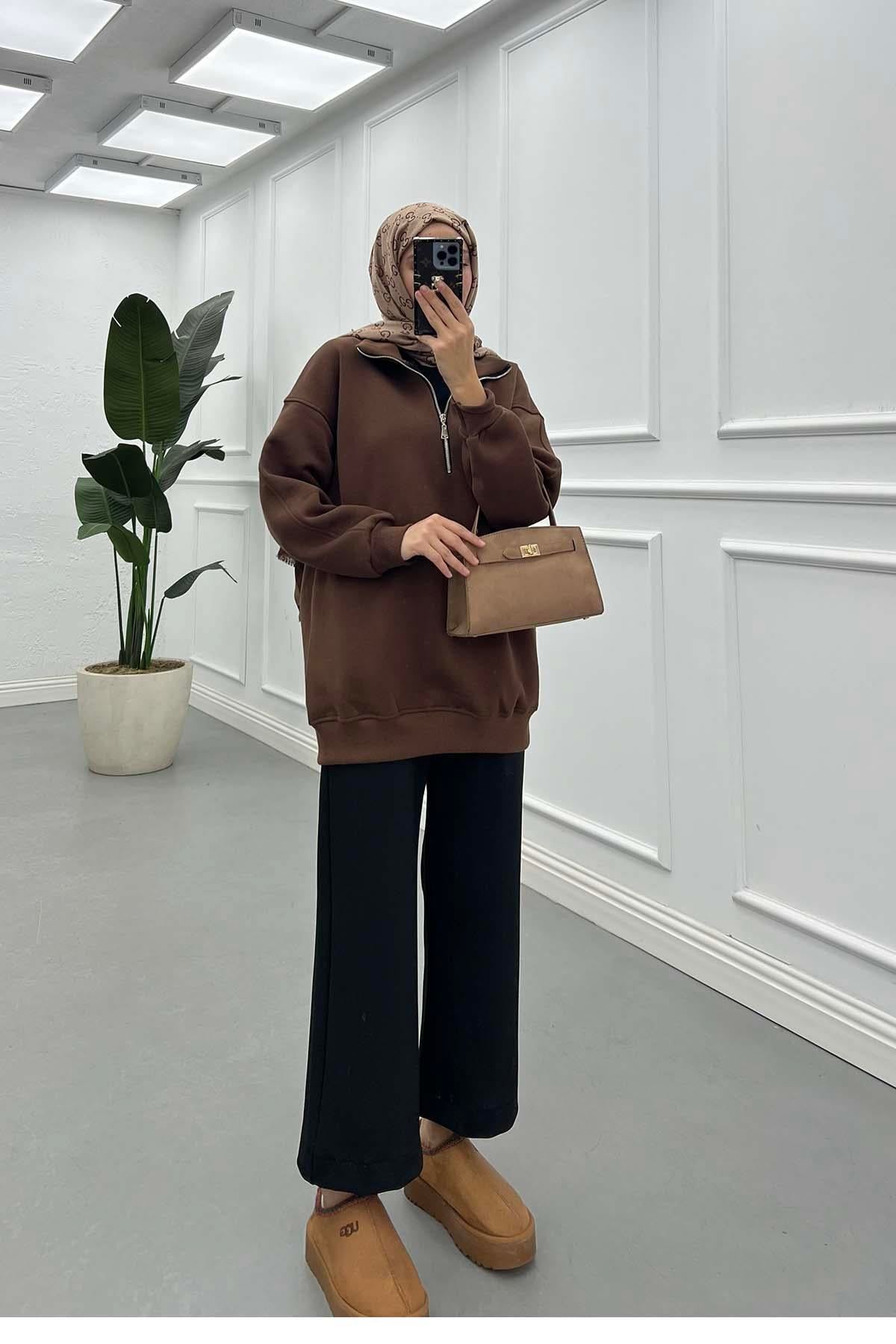 Yarım Fermuar Üç İplik Sweatshirt Kahve