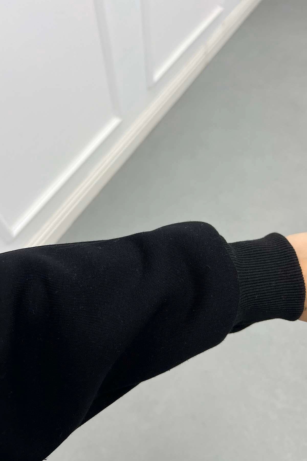 Yarım Fermuar Üç İplik Sweatshirt Siyah