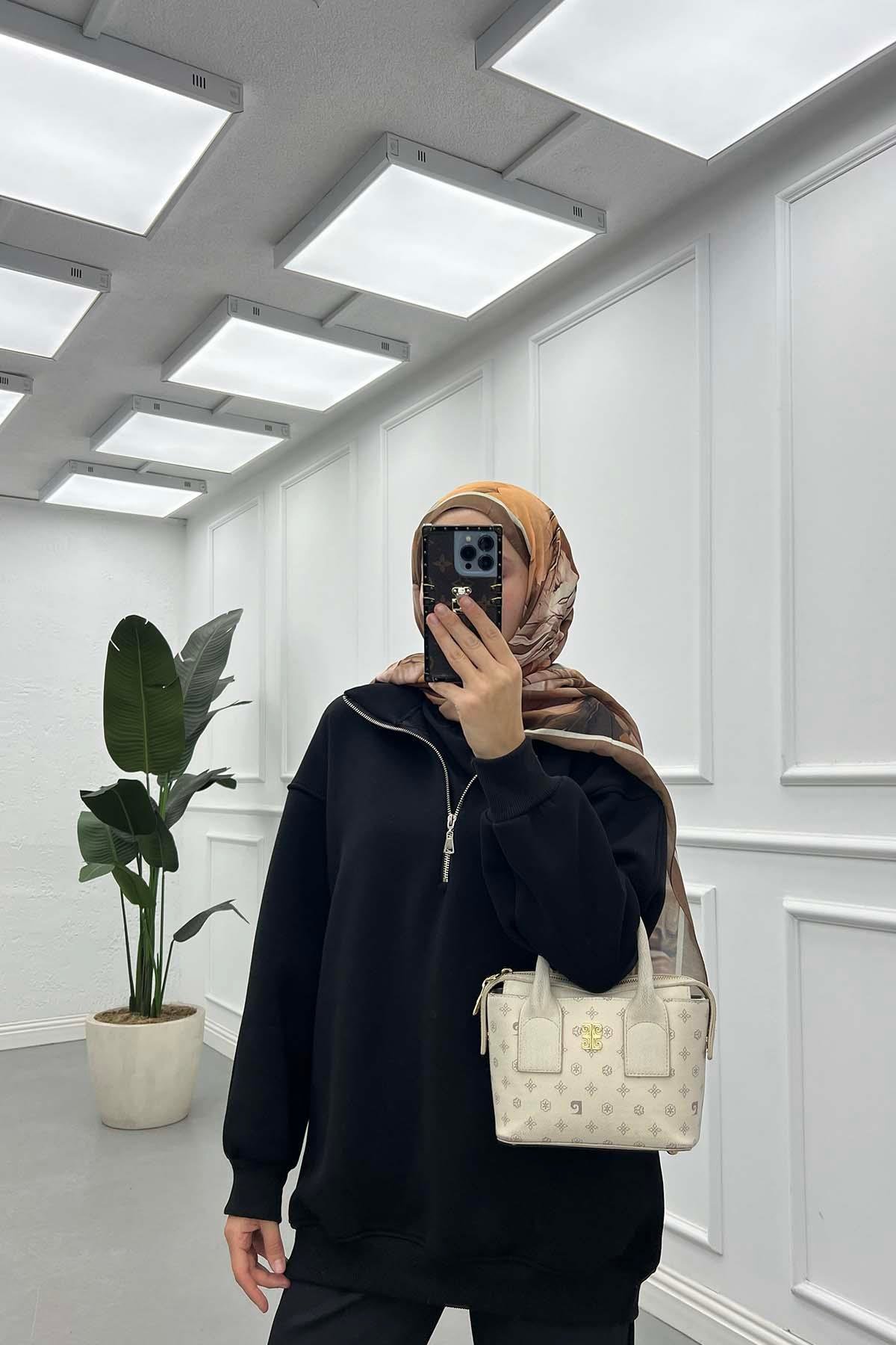 Yarım Fermuar Üç İplik Sweatshirt Siyah
