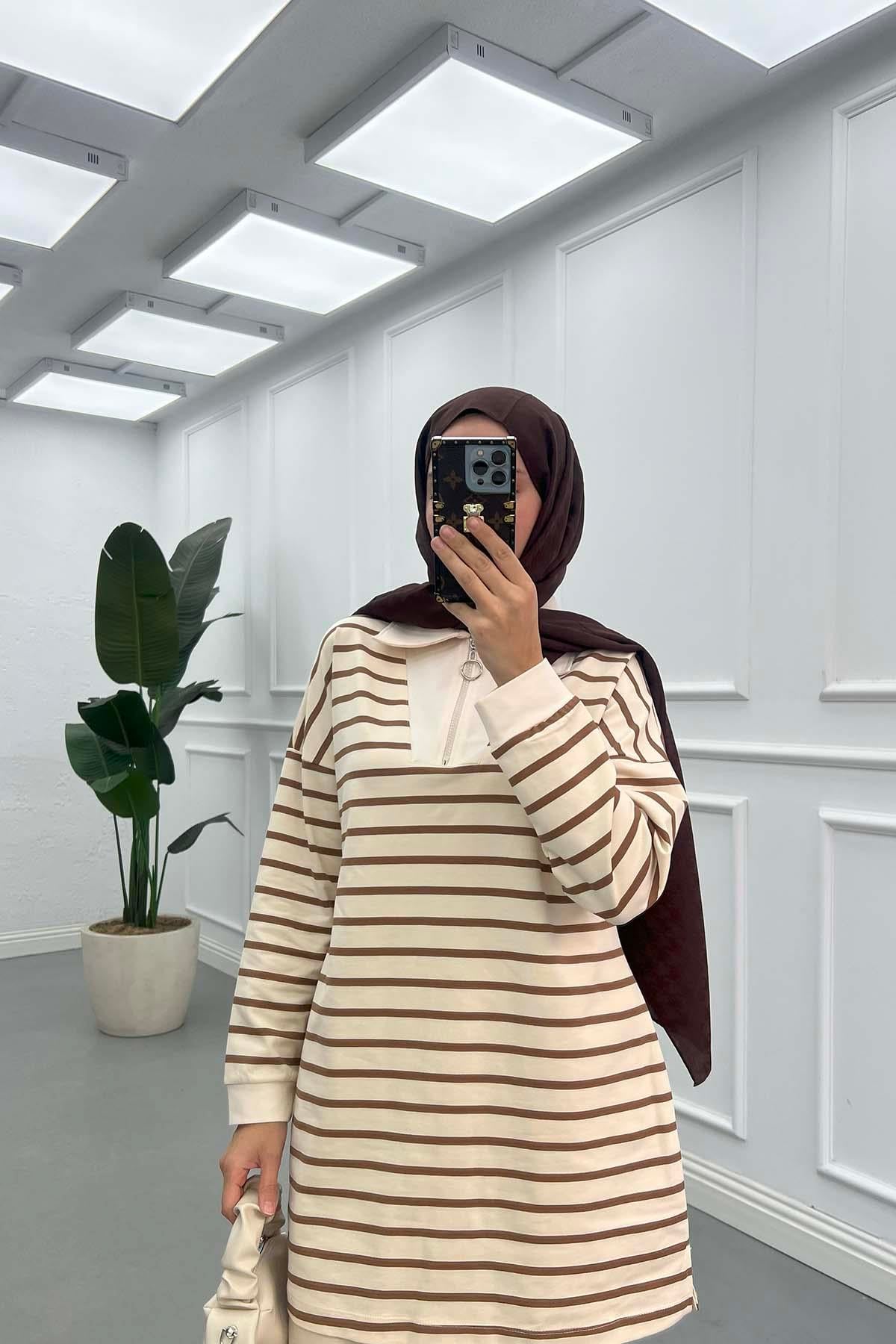 Yarım Fermuar Yakalı Sweatshirt Kahve