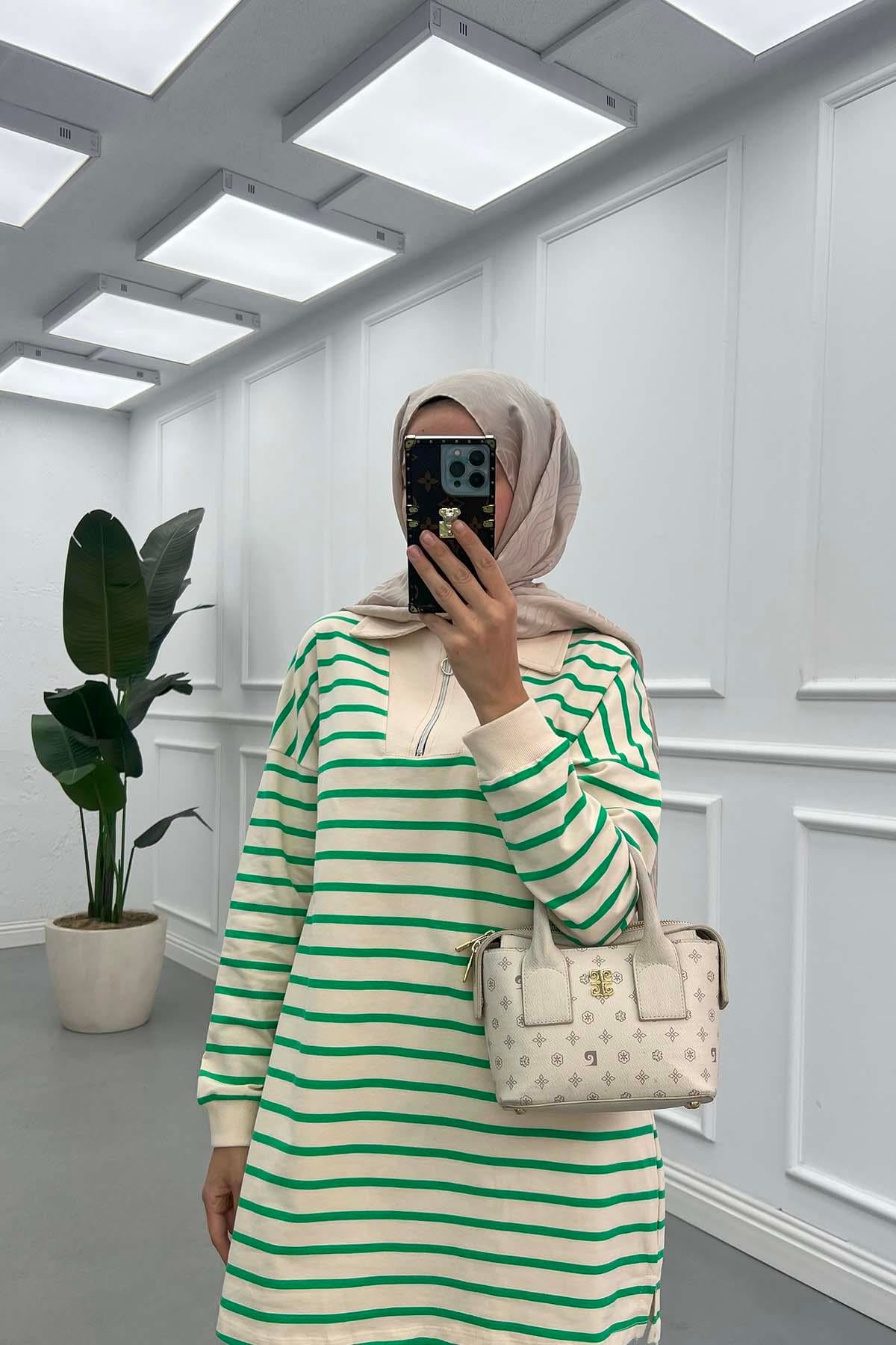 Yarım Fermuar Yakalı Sweatshirt Yeşil