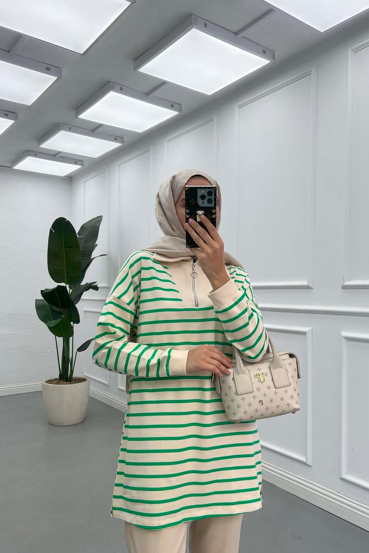 Yarım Fermuar Yakalı Sweatshirt Yeşil