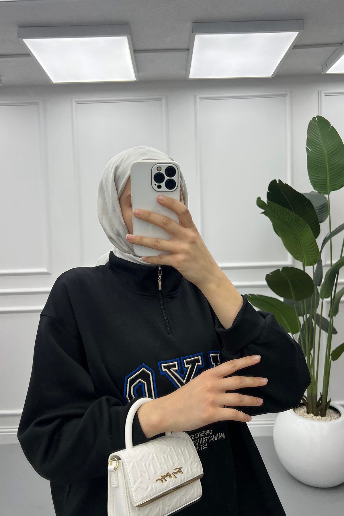 Yarım Fermuarlı Sweatshirt Siyah