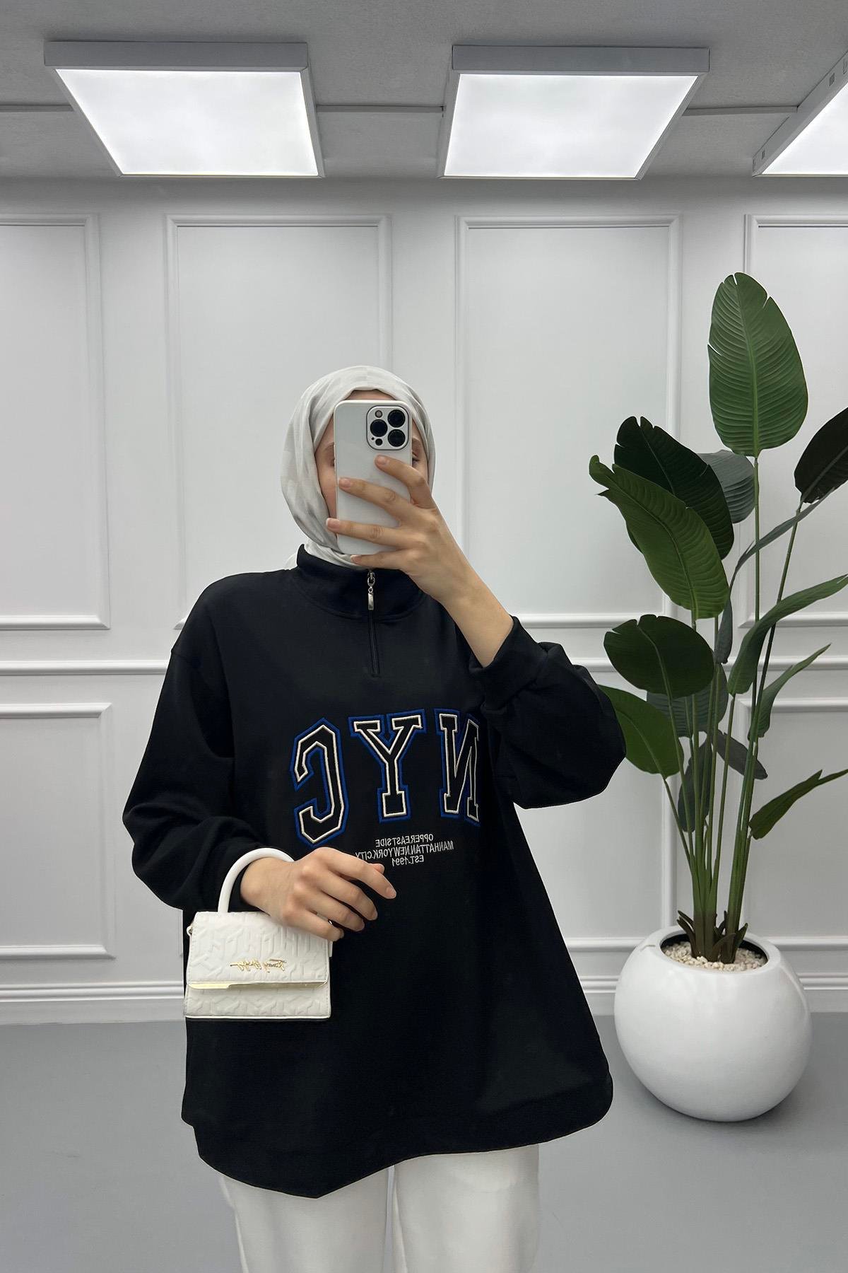 Yarım Fermuarlı Sweatshirt Siyah