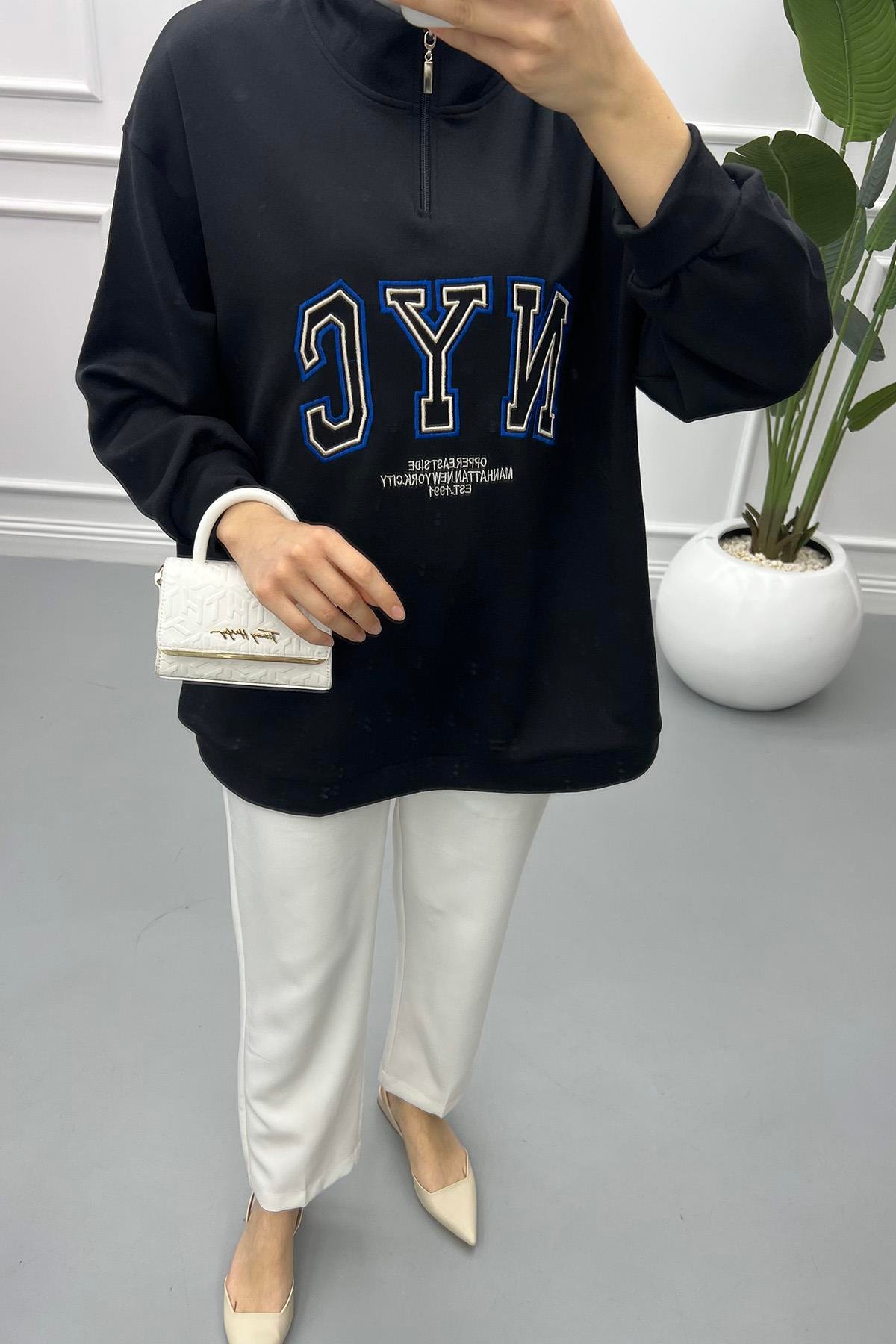 Yarım Fermuarlı Sweatshirt Siyah