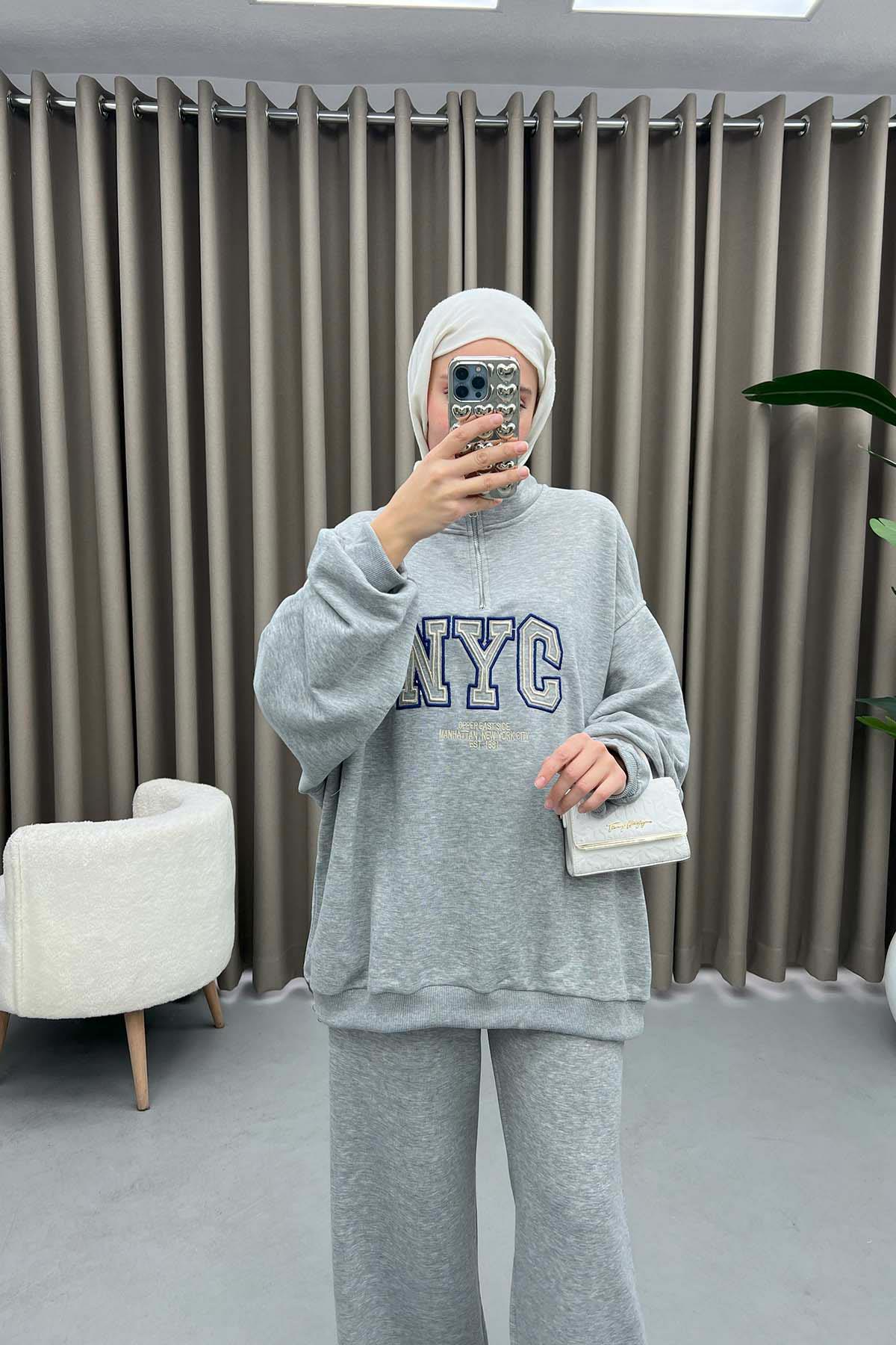 Yazılı Oversize Takım Gri