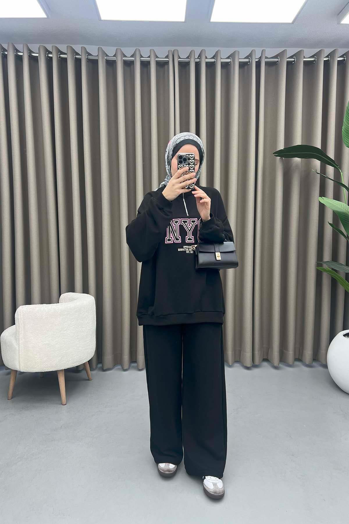 Yazılı Oversize Takım Siyah