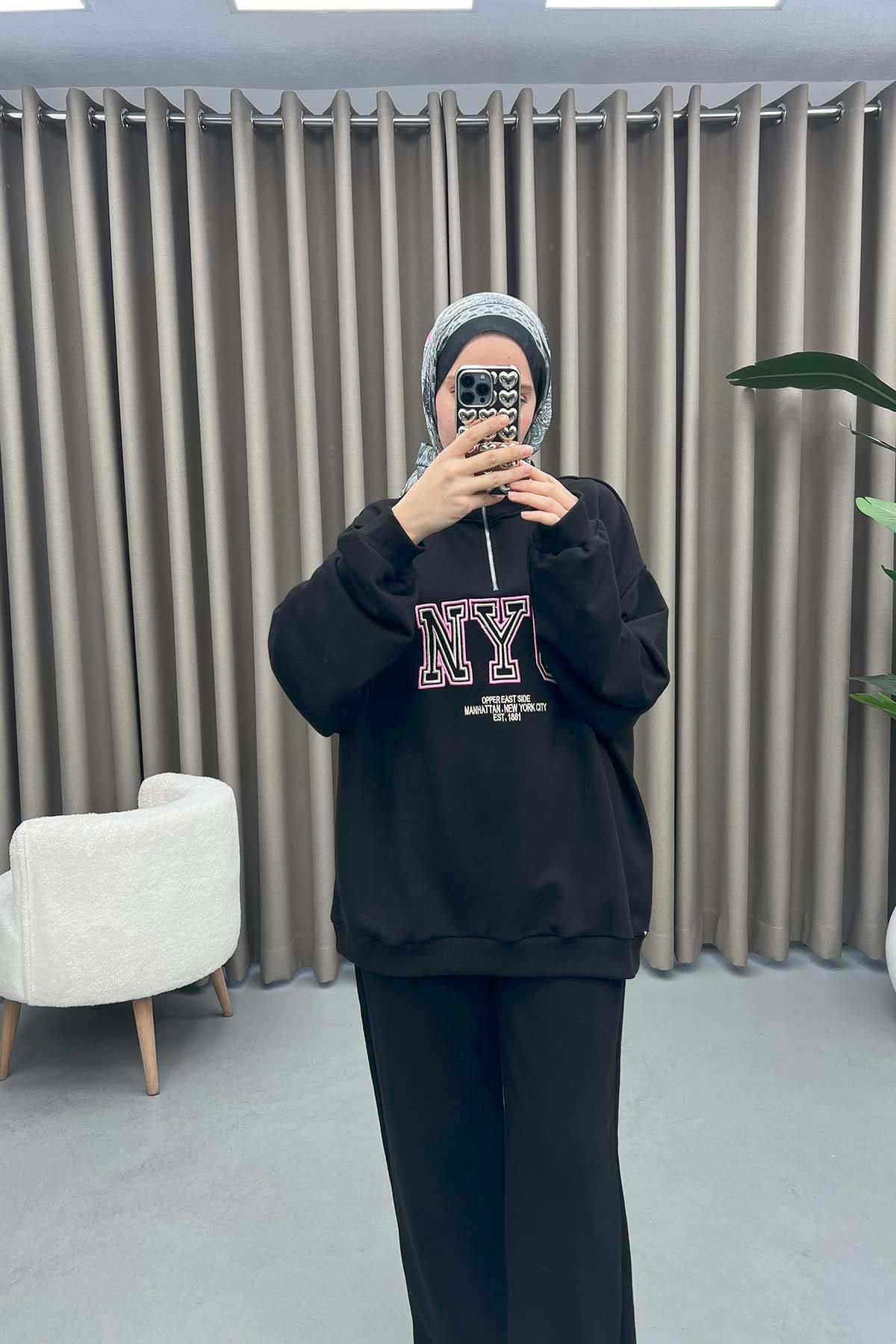 Yazılı Oversize Takım Siyah