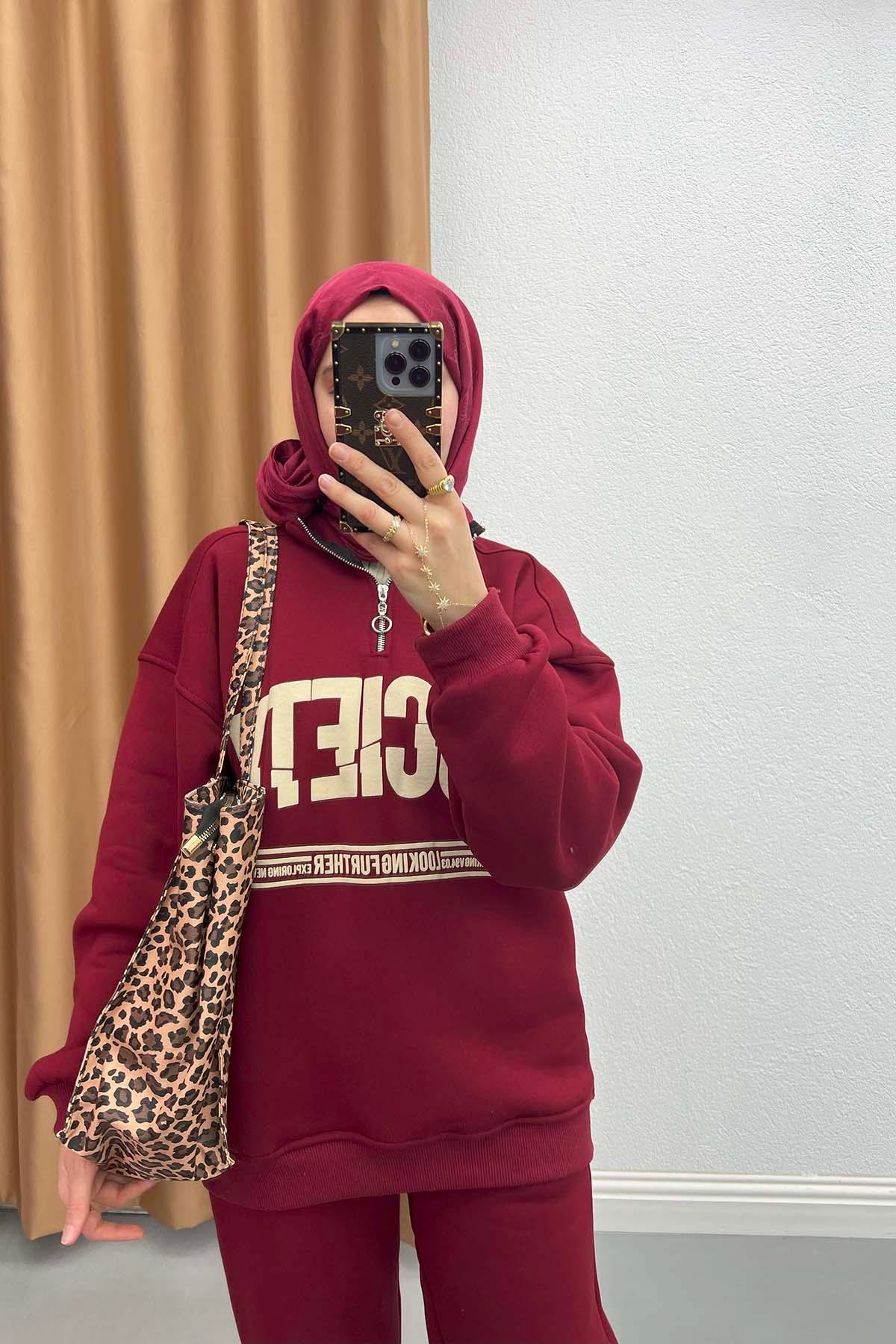 Yazılı Üç İplik Takım Bordo