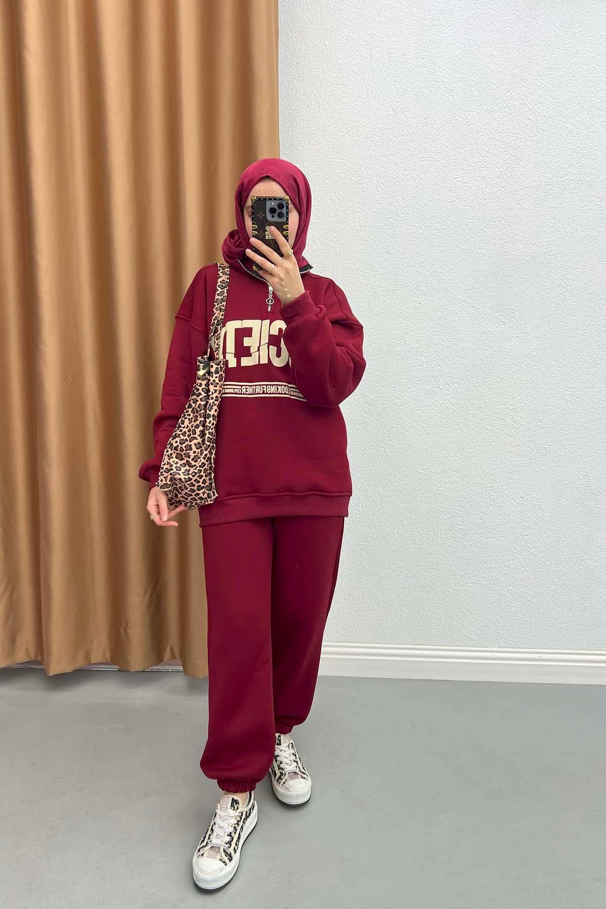 Yazılı Üç İplik Takım Bordo