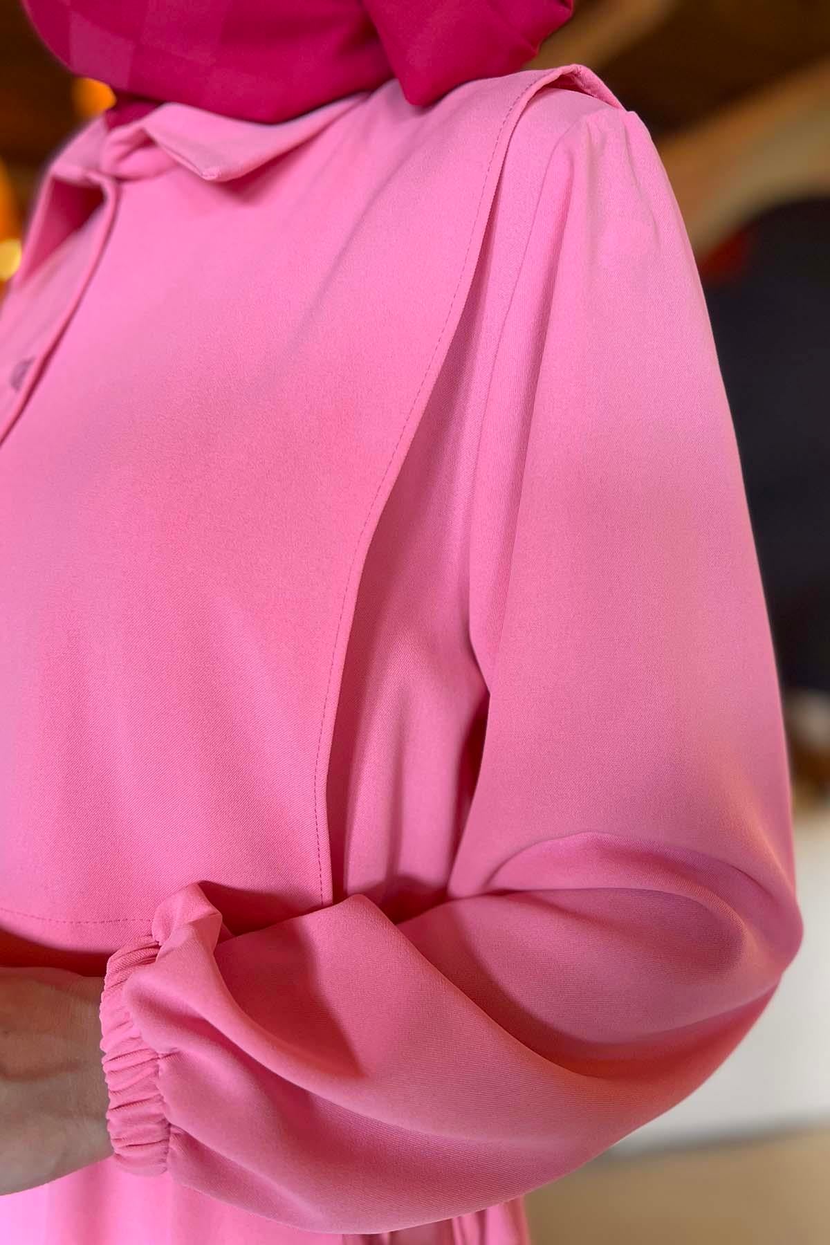 Yelek Detaylı Bağlamalı Elbise Pembe