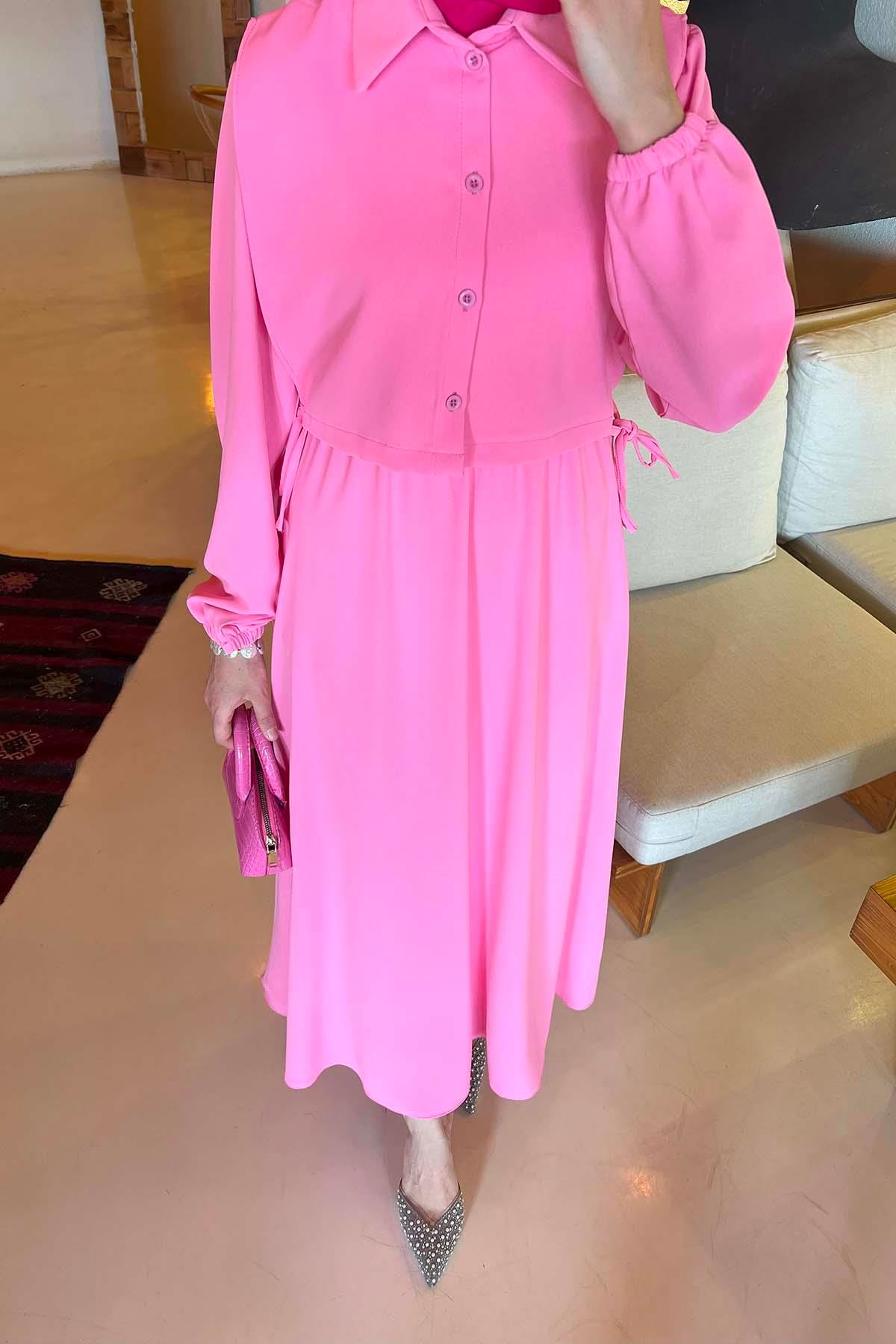 Yelek Detaylı Bağlamalı Elbise Pembe