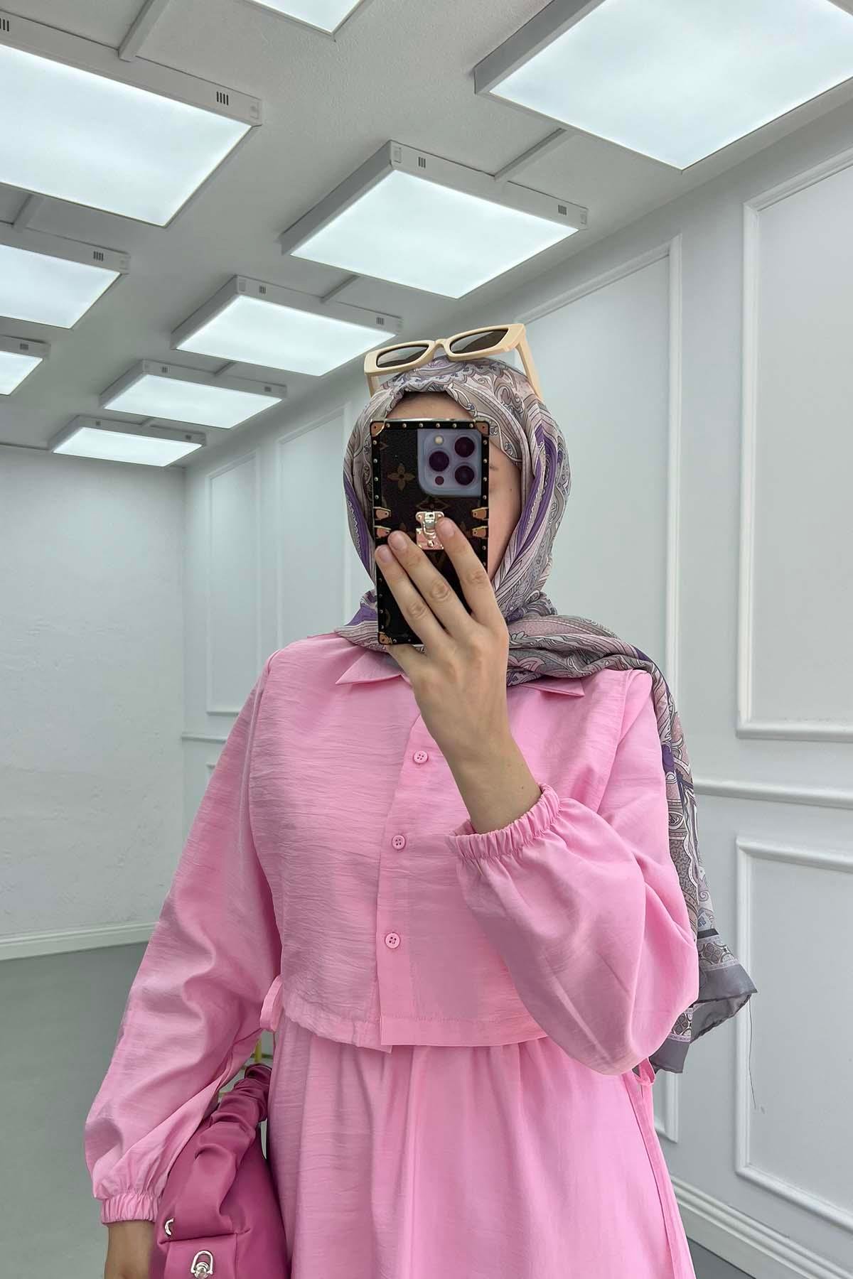 Yelek Detaylı Bağlamalı Paraşüt Elbise Pembe