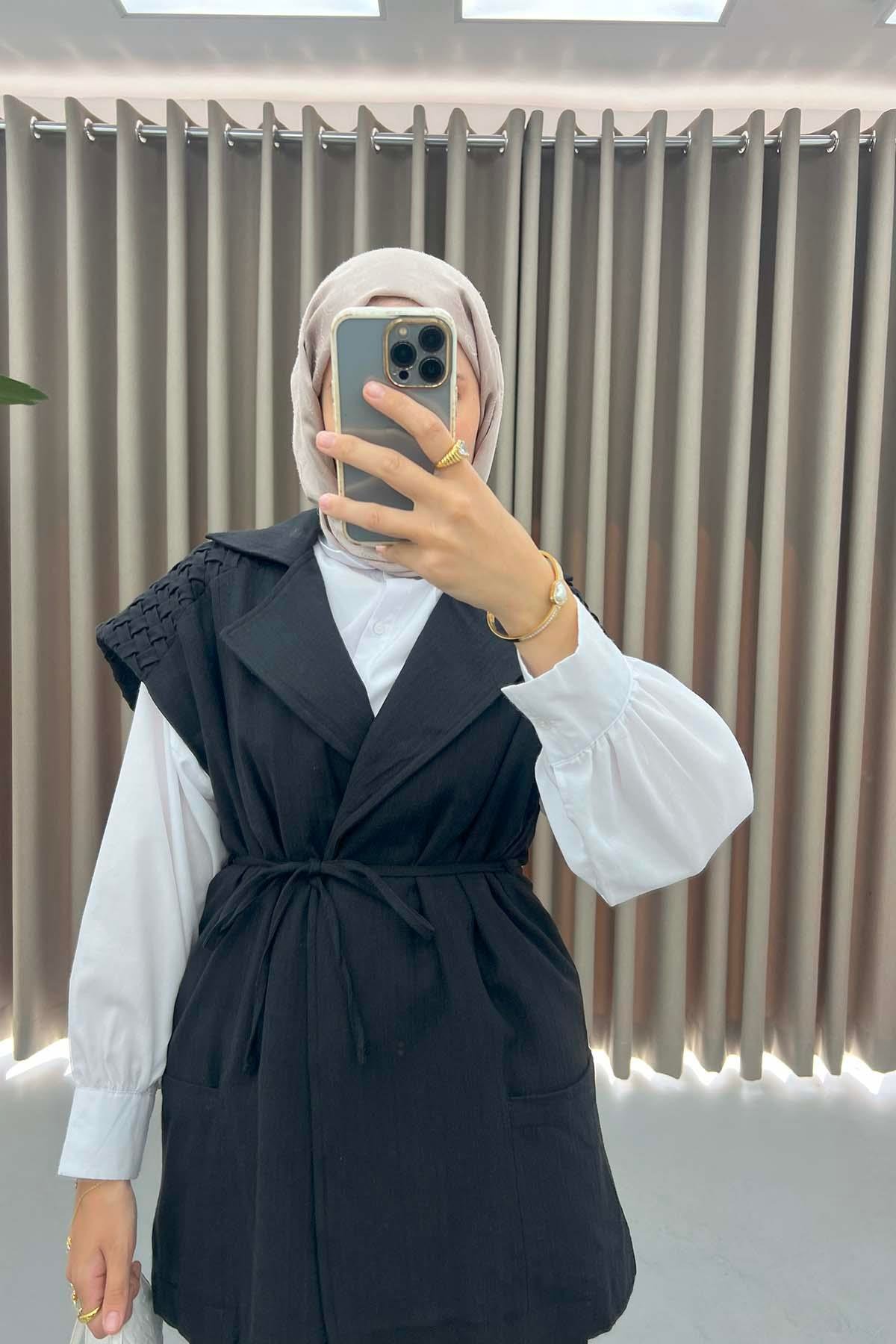 Yelekli Hasır Keten Takım Siyah