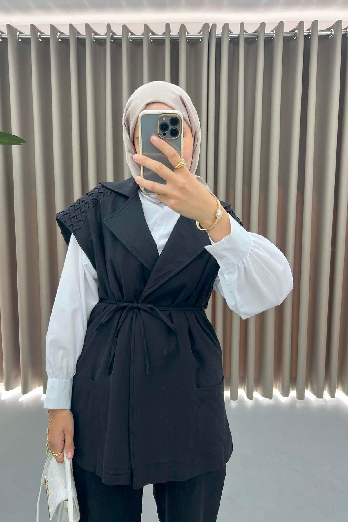 Yelekli Hasır Keten Takım Siyah