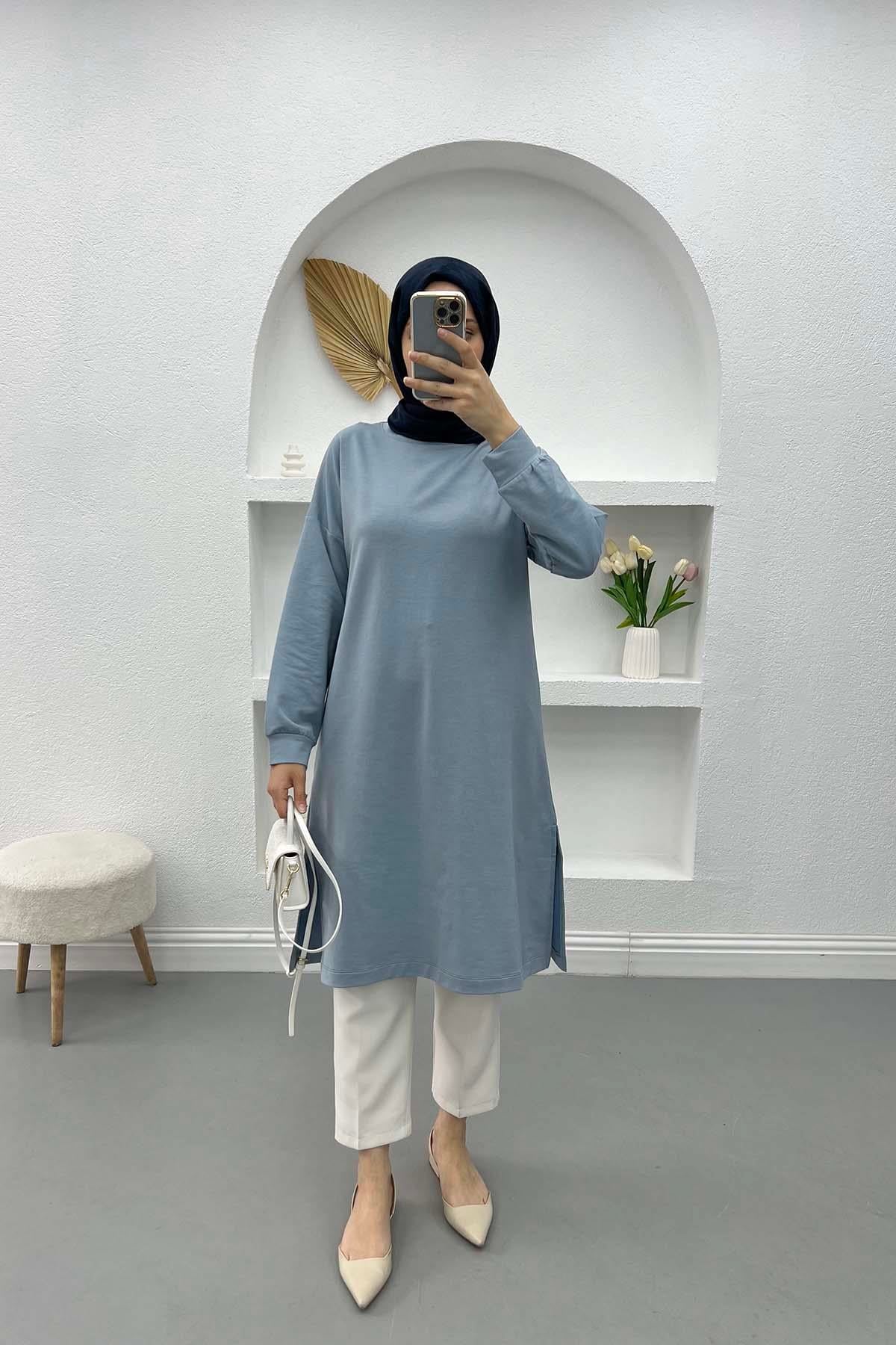 Yırtmaçlı Basic Tunik Gri