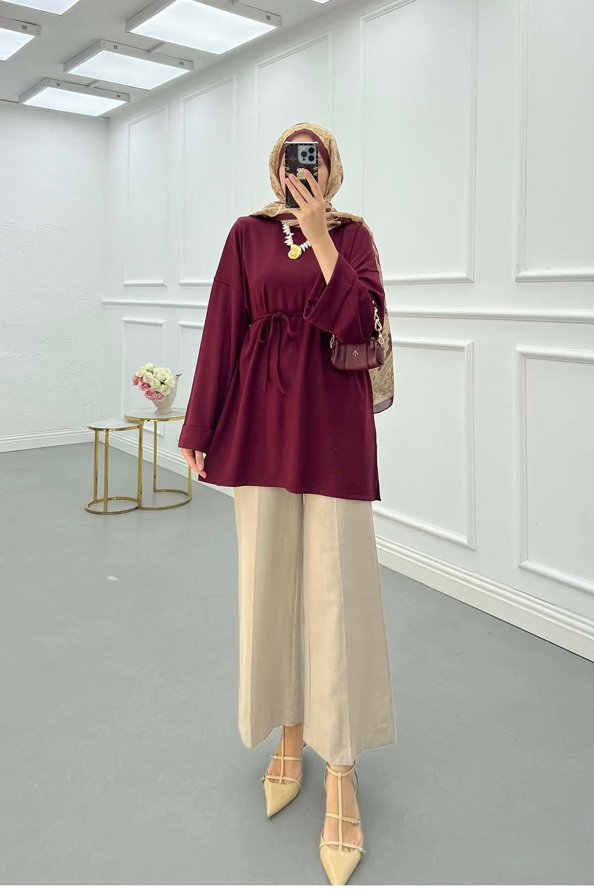Yırtmaçlı İnce Bağlamalı Sweat Bordo
