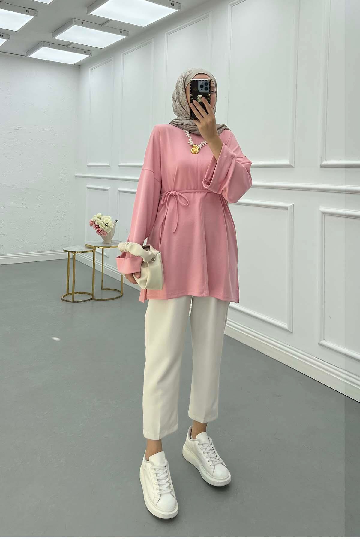 Yırtmaçlı İnce Bağlamalı Sweat Pembe