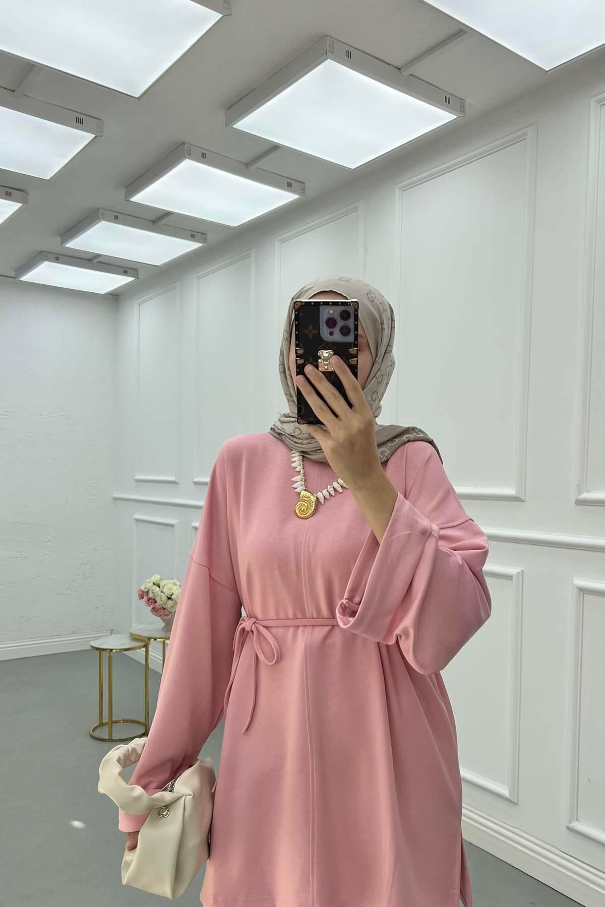 Yırtmaçlı İnce Bağlamalı Sweat Pembe