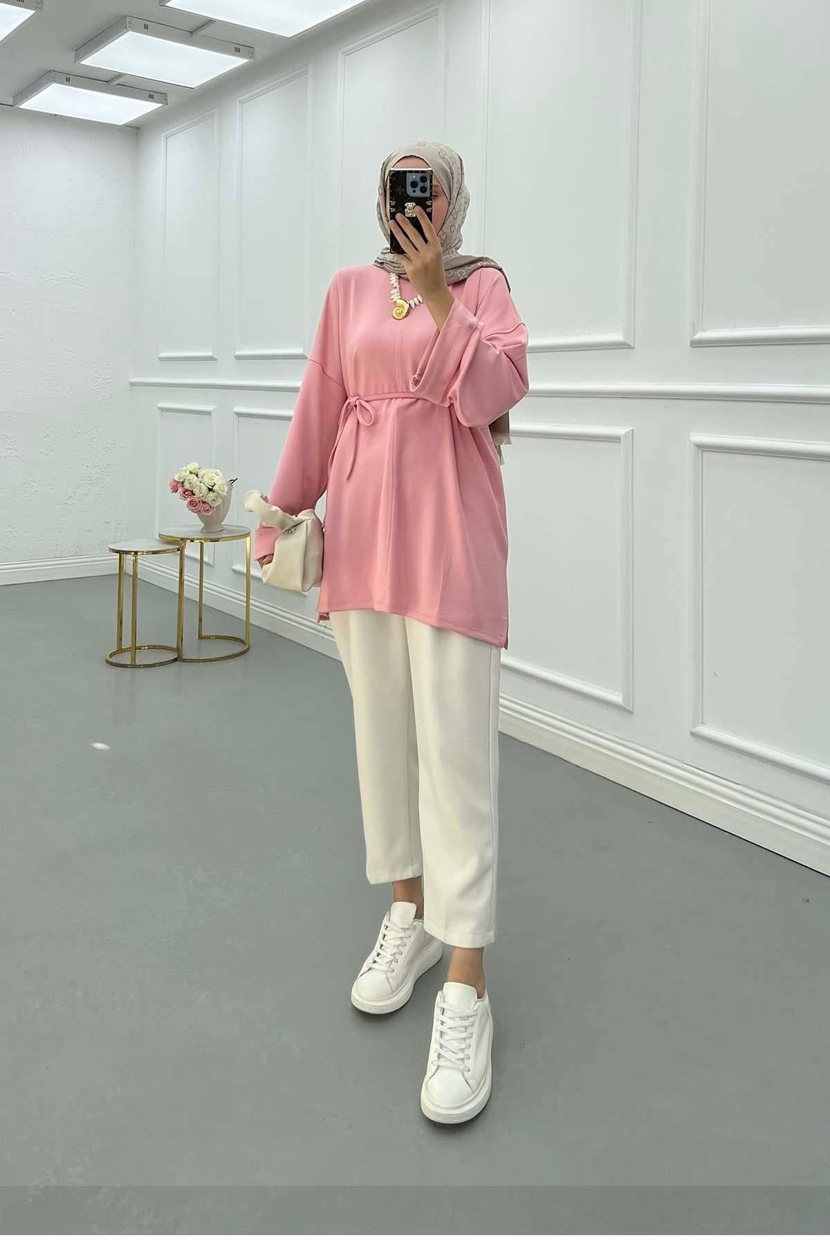 Yırtmaçlı İnce Bağlamalı Sweat Pembe