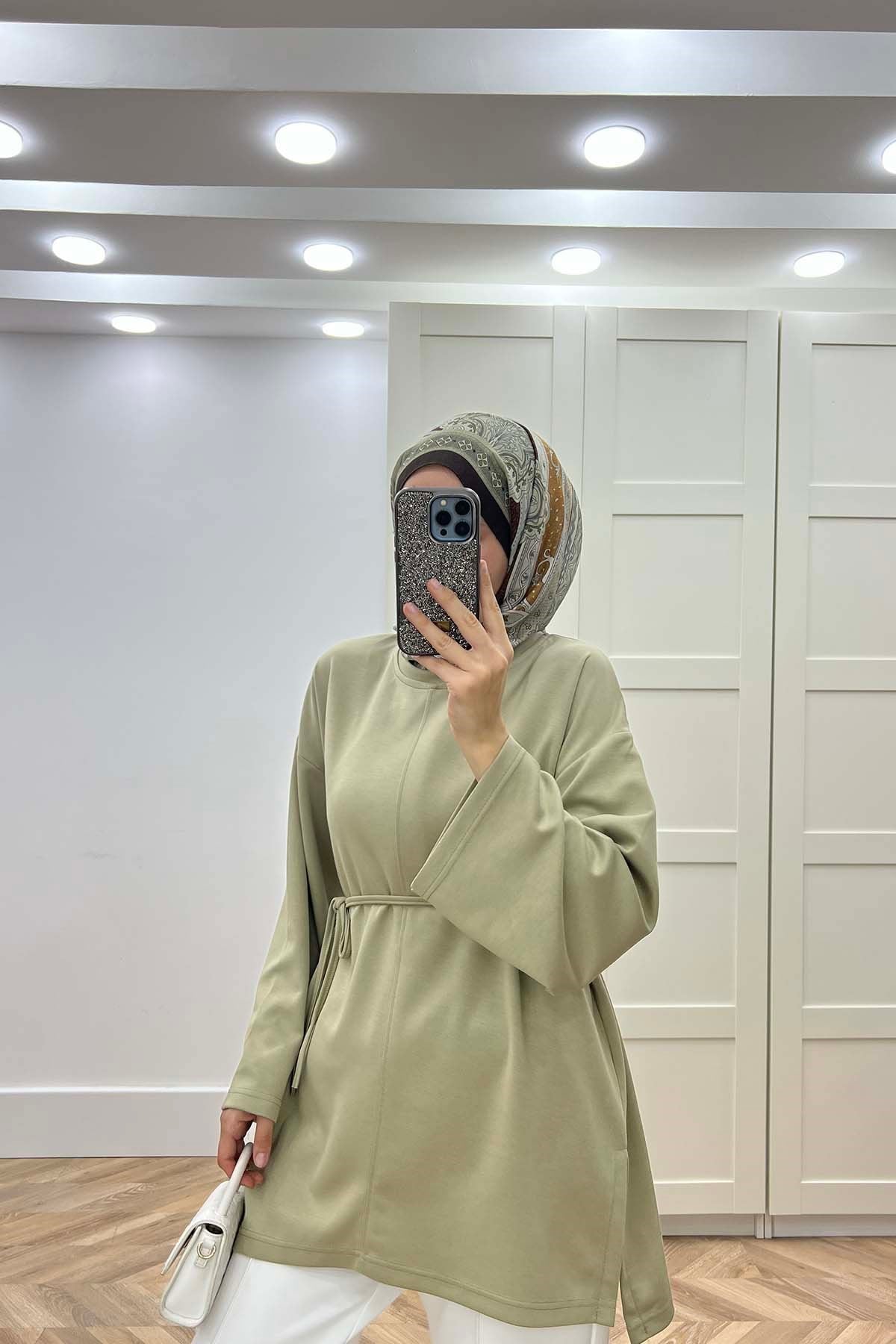 Yırtmaçlı Kemerli Sweatshirt Su Yeşili