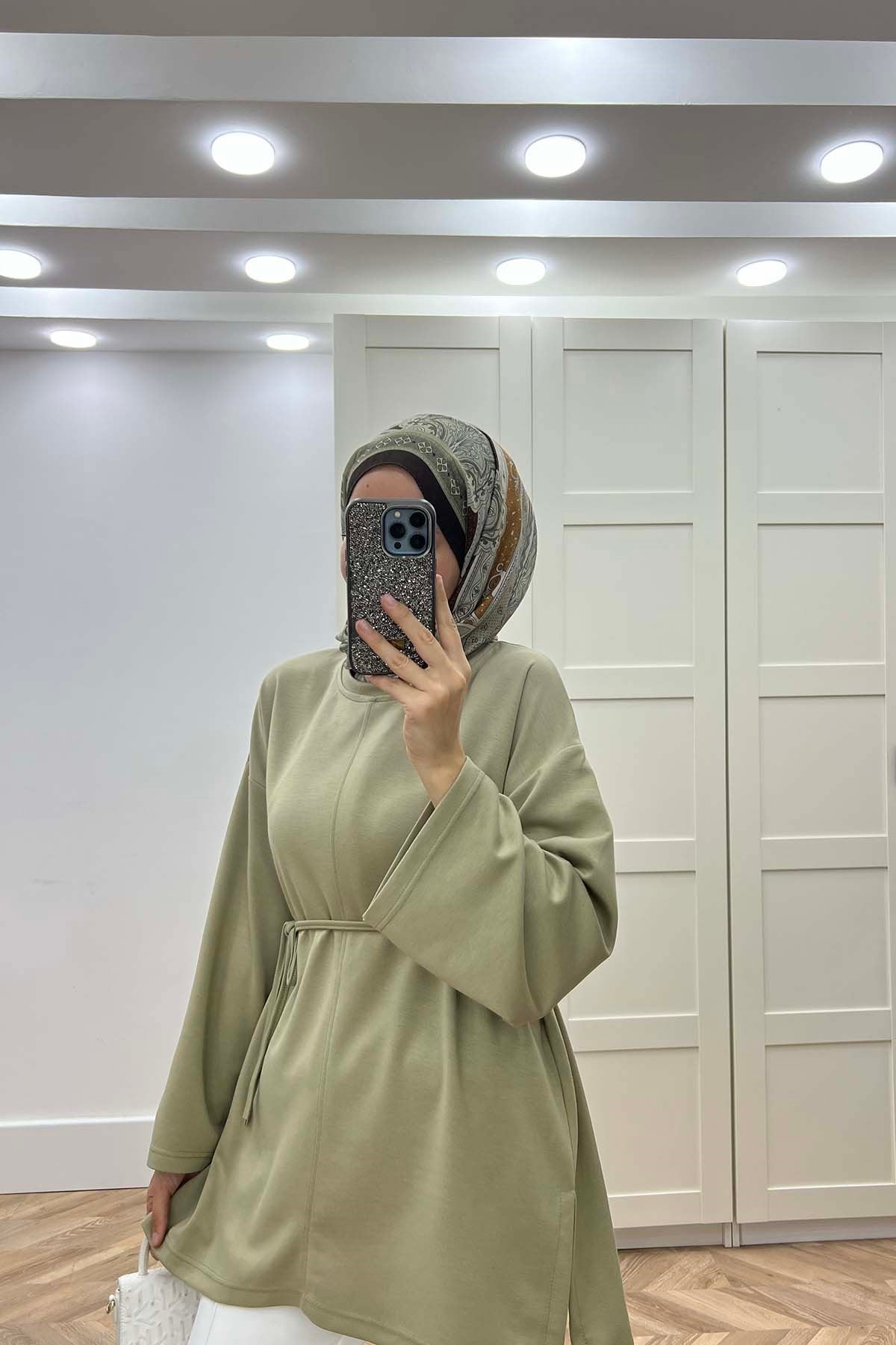 Yırtmaçlı Kemerli Sweatshirt Su Yeşili
