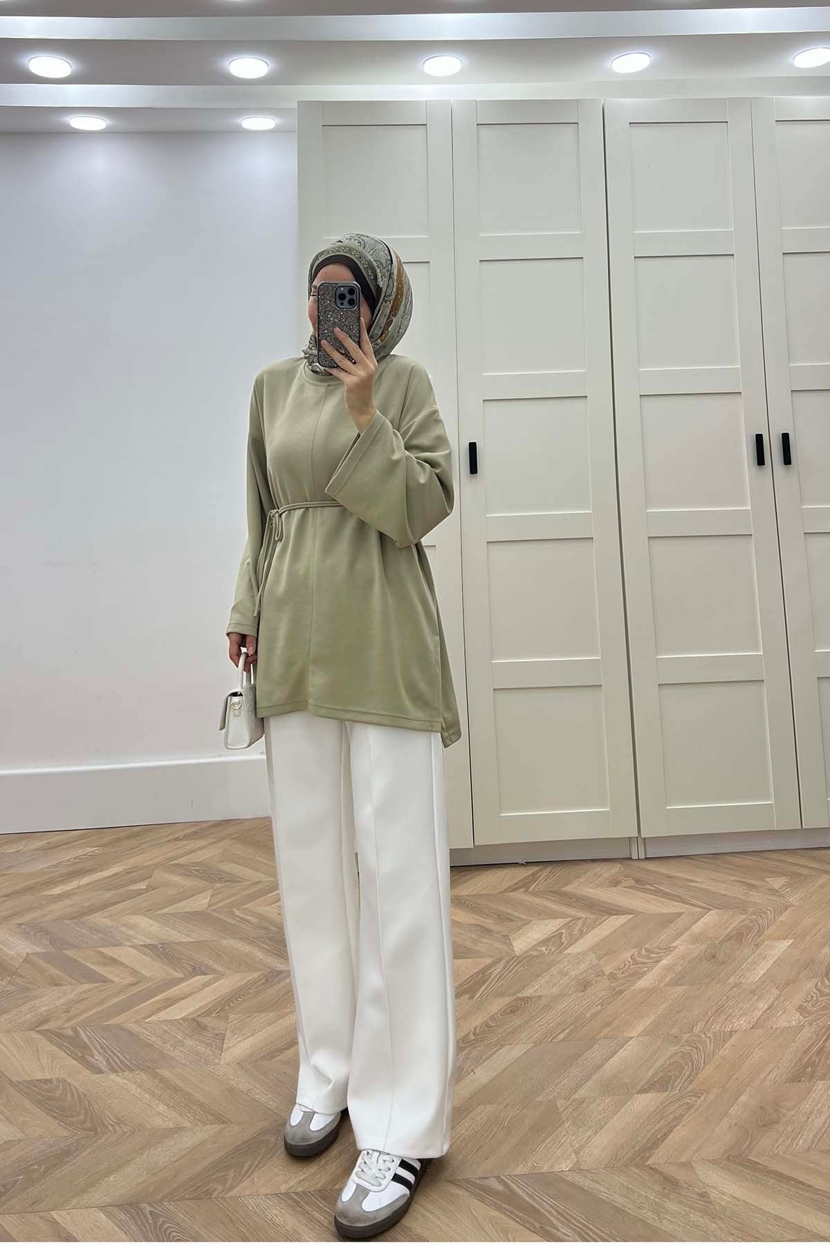 Yırtmaçlı Kemerli Sweatshirt Su Yeşili