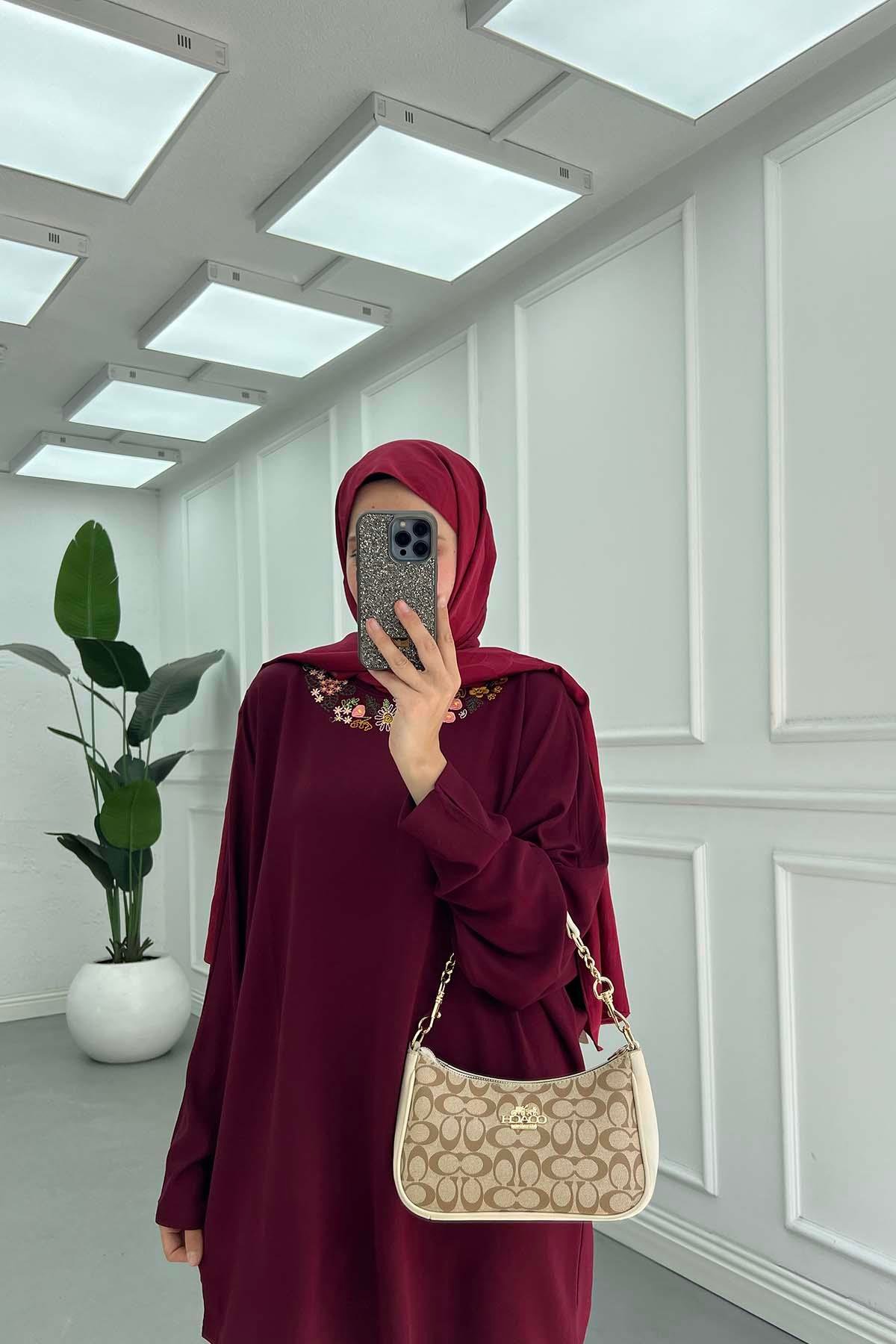 Zarif Nakışlı Günlük Sweatshirt Bordo