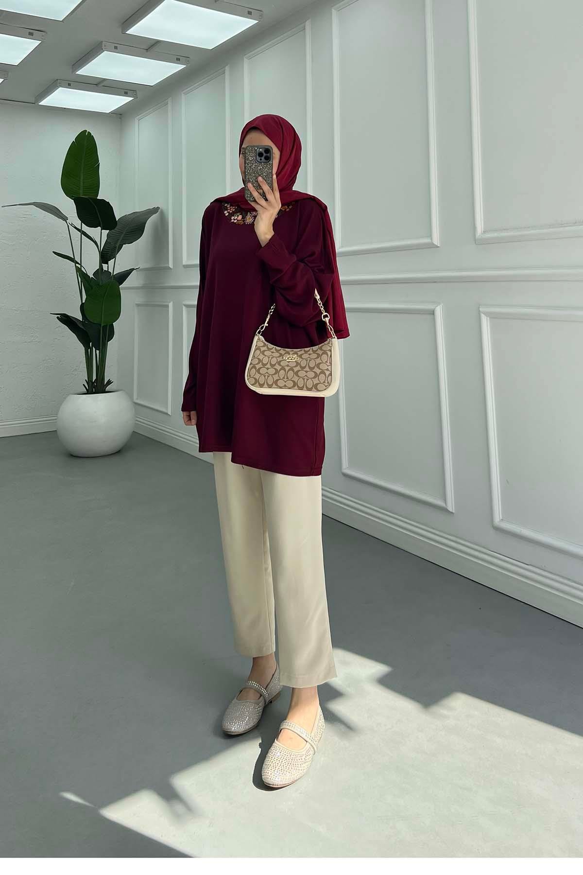Zarif Nakışlı Günlük Sweatshirt Bordo