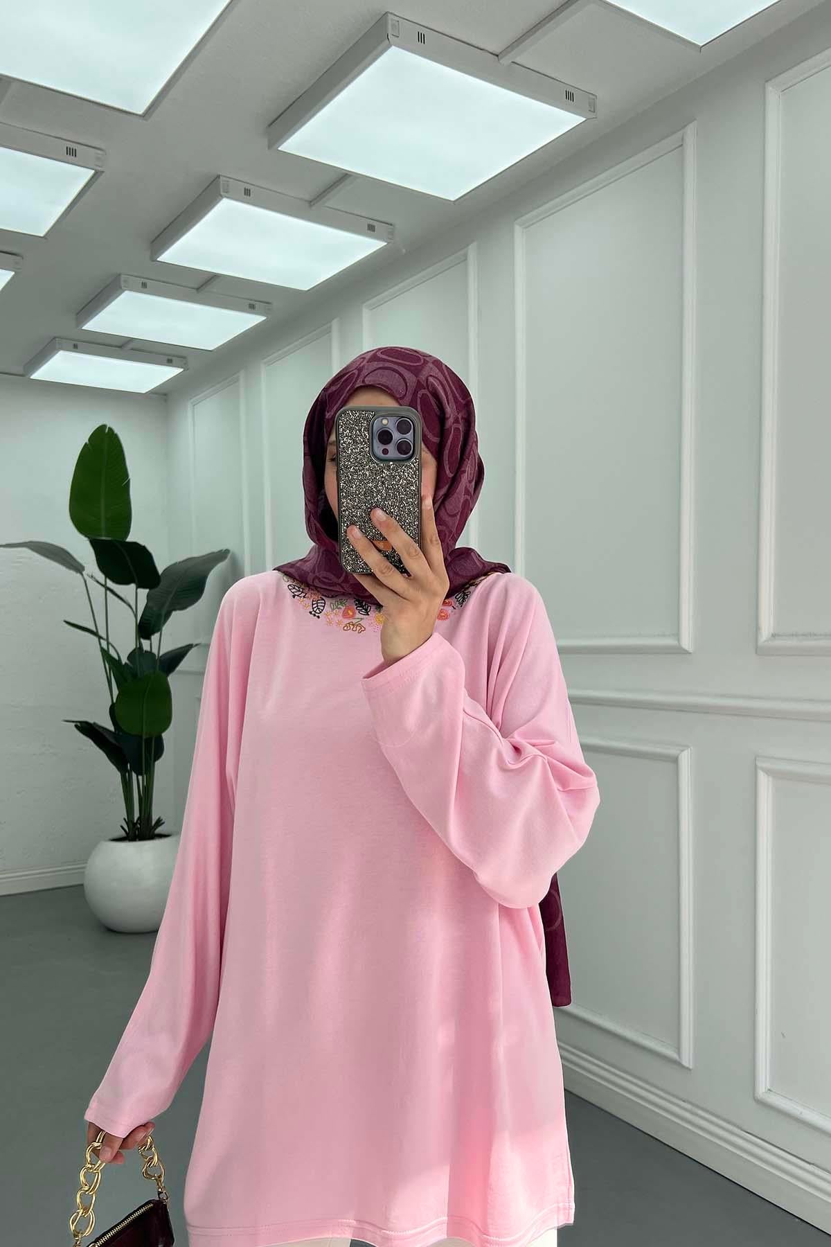 Zarif Nakışlı Günlük Sweatshirt Pembe
