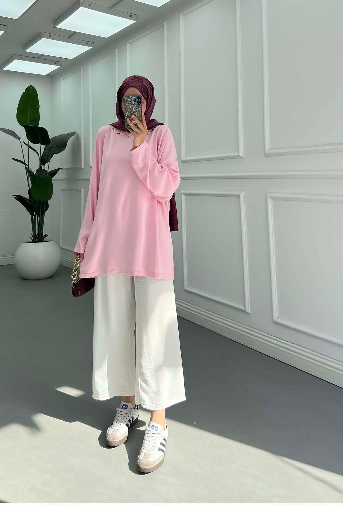 Zarif Nakışlı Günlük Sweatshirt Pembe