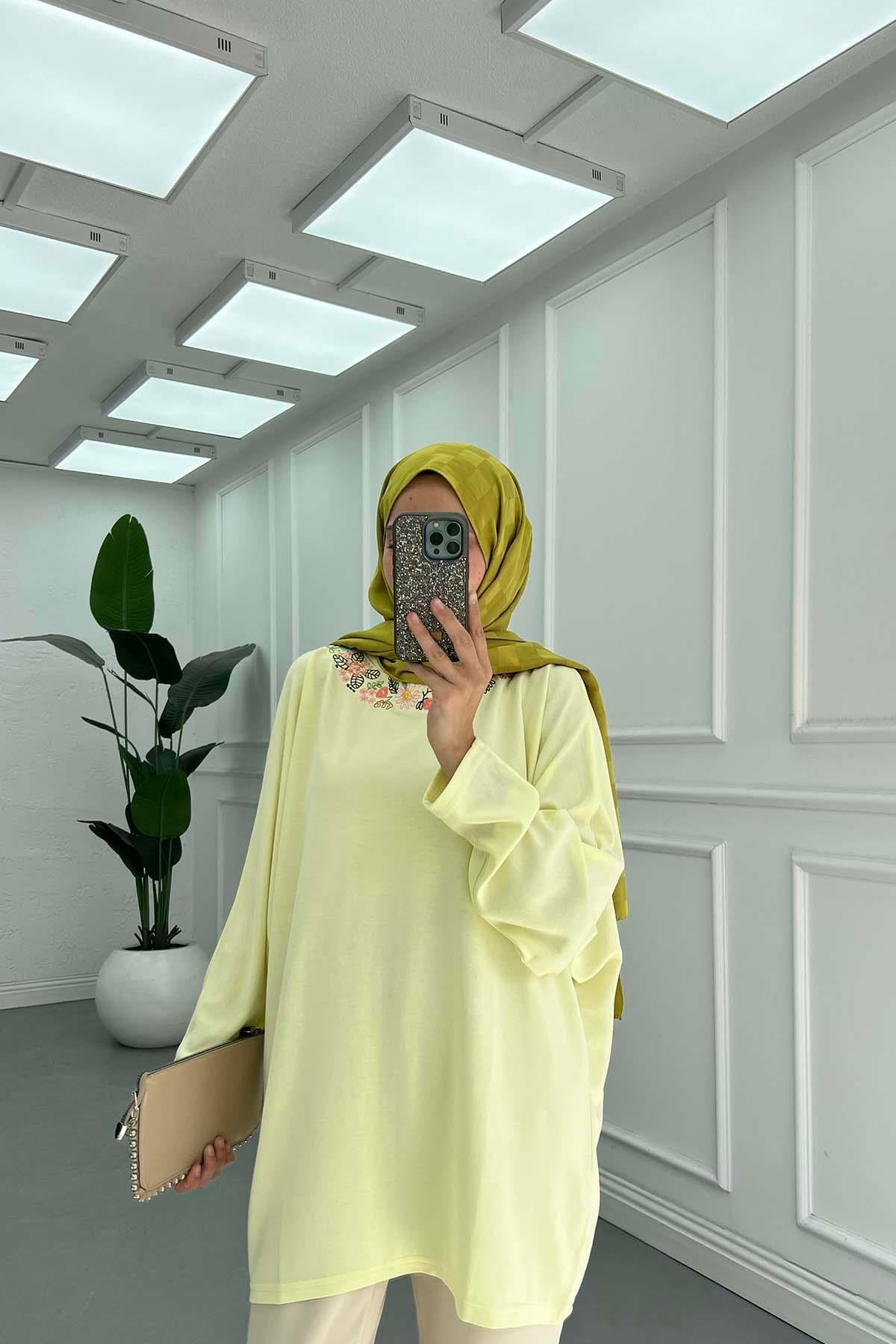 Zarif Nakışlı Günlük Sweatshirt Sarı