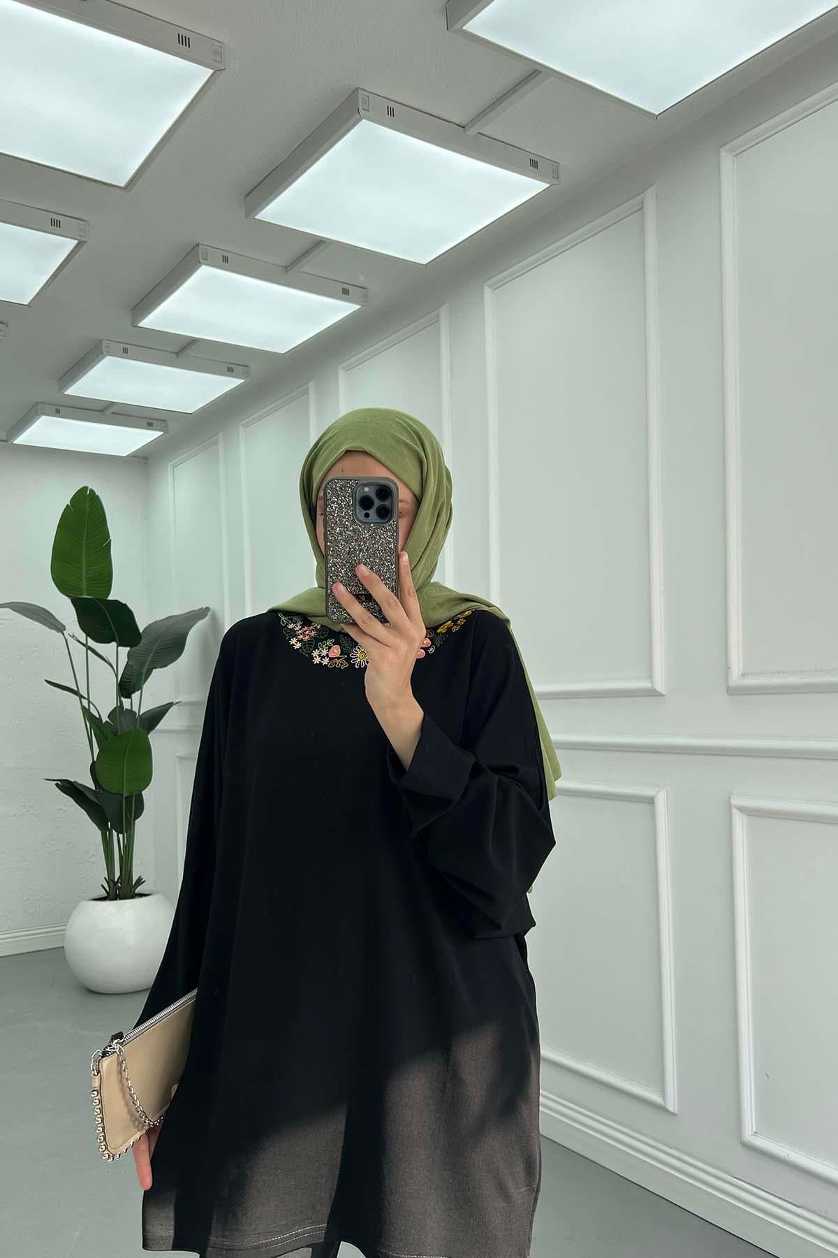 Zarif Nakışlı Günlük Sweatshirt Siyah