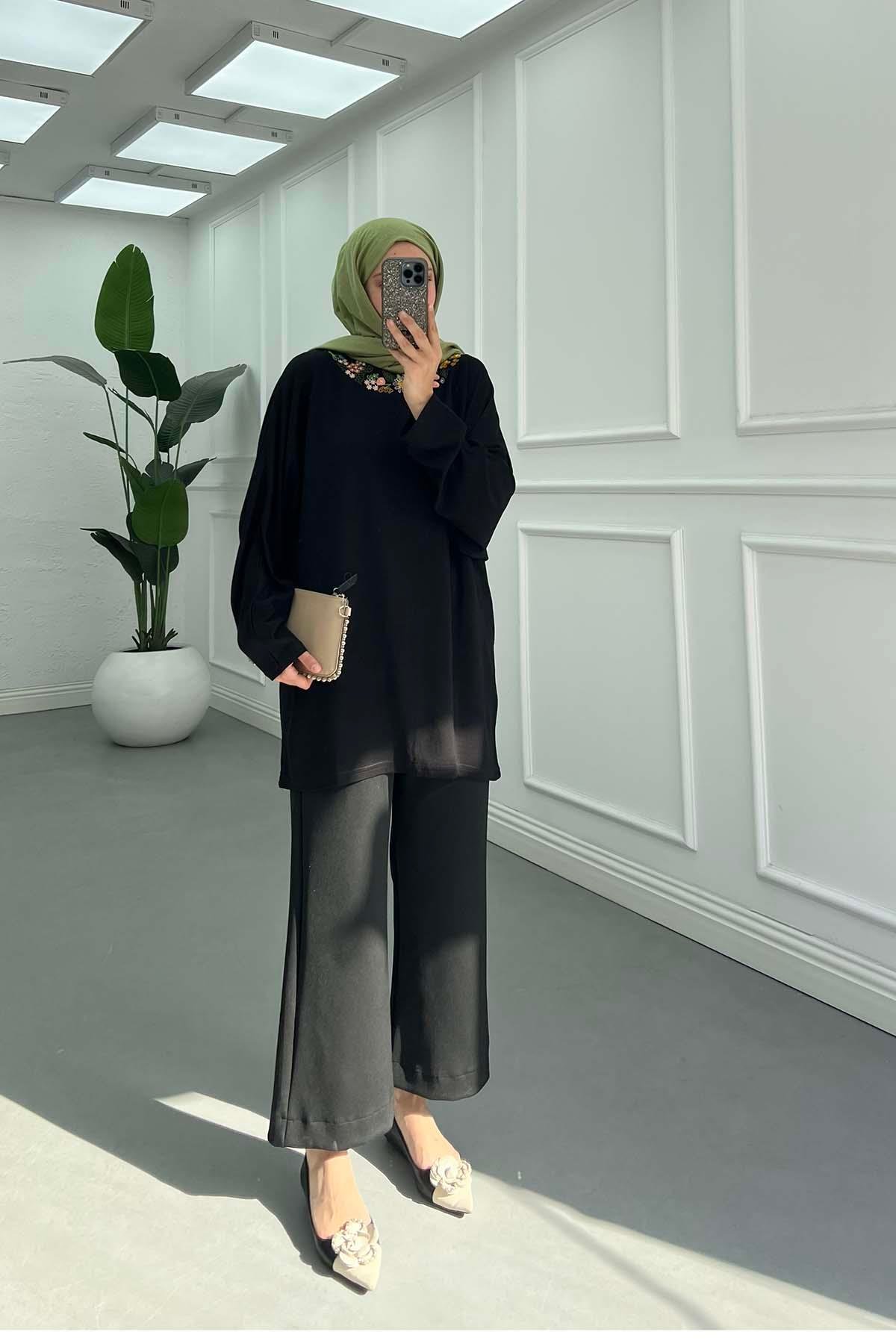 Zarif Nakışlı Günlük Sweatshirt Siyah