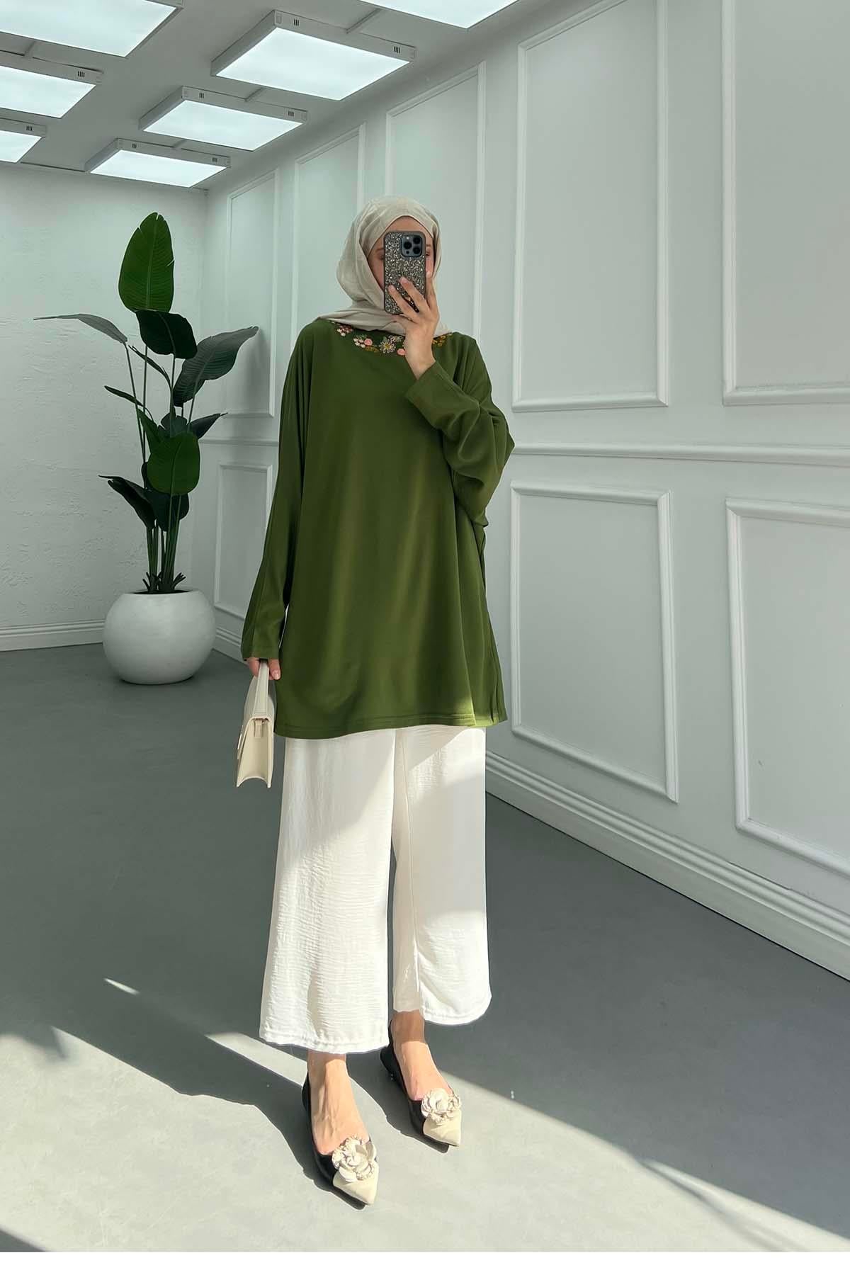 Zarif Nakışlı Günlük Sweatshirt Yeşil
