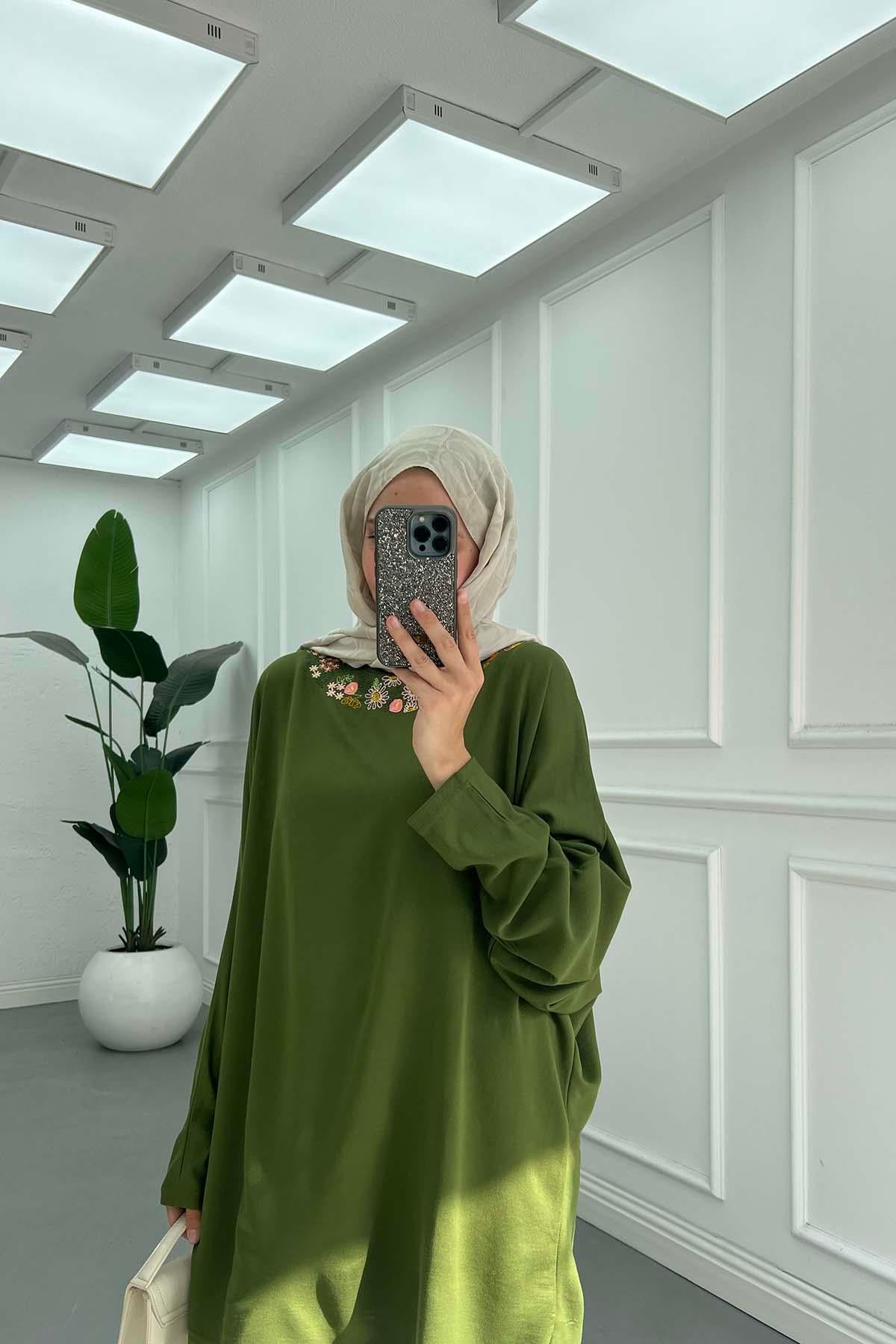 Zarif Nakışlı Günlük Sweatshirt Yeşil