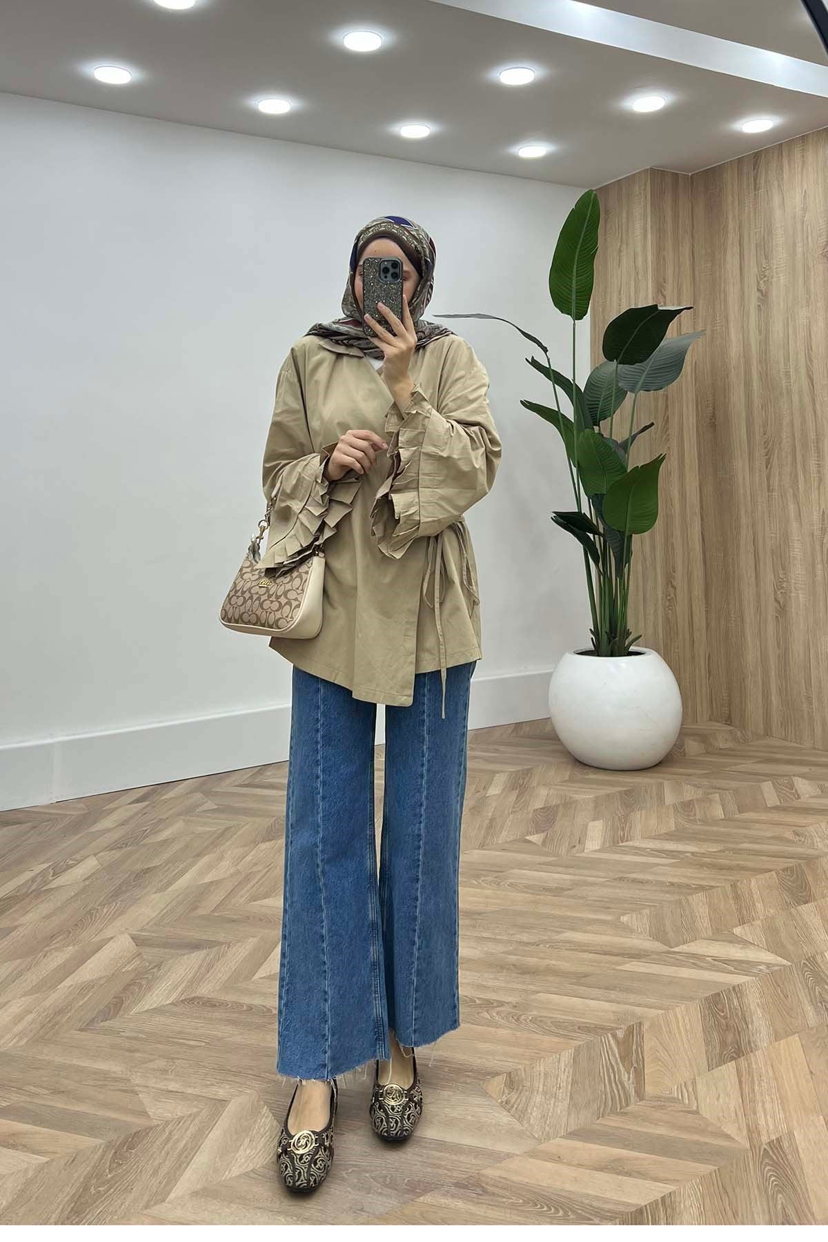 Zarif Pile Detaylı Modern Kimono Krem