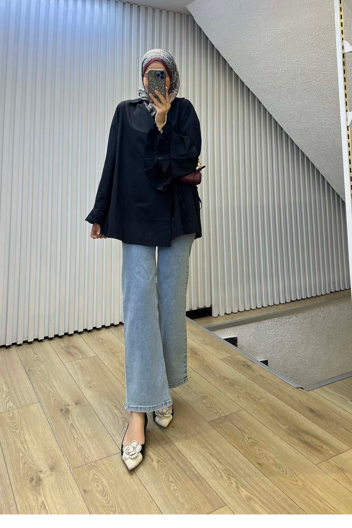 Zarif Pile Detaylı Modern Kimono Siyah