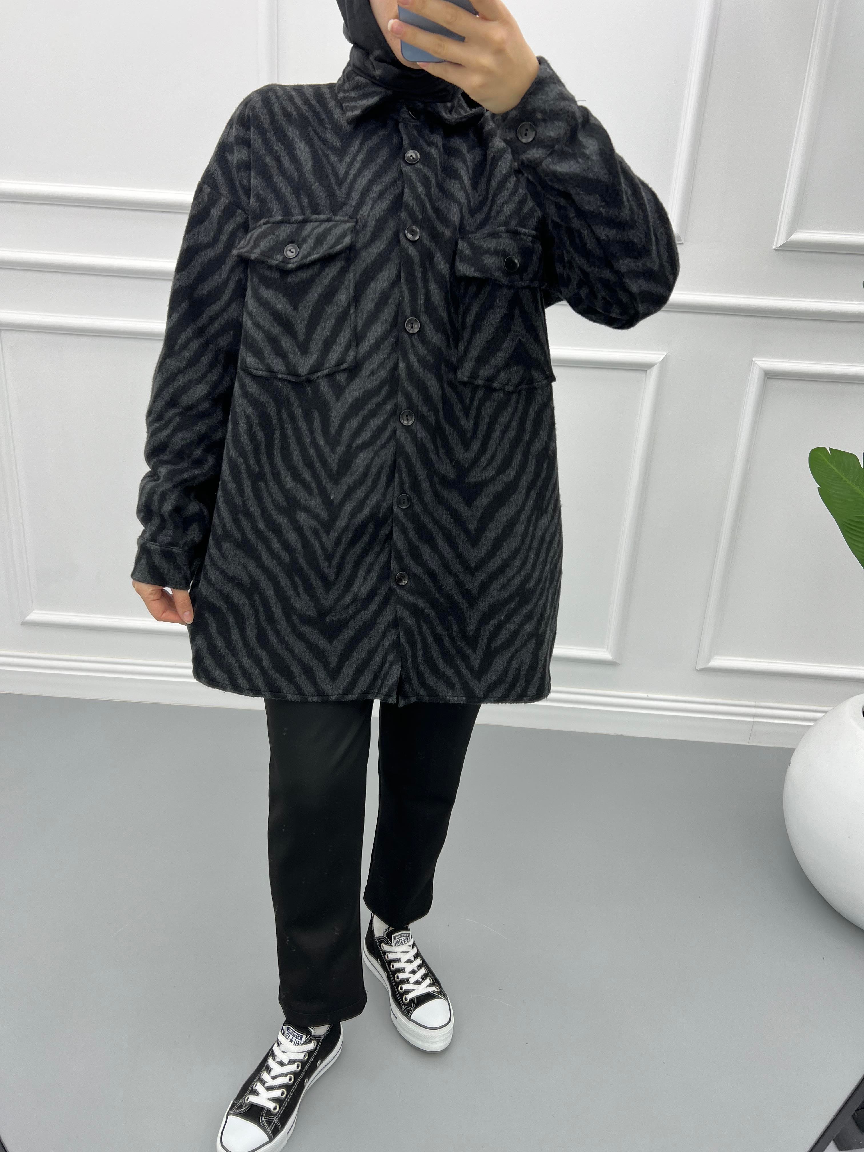 Zebra Desen Kaşe Gömlek Siyah