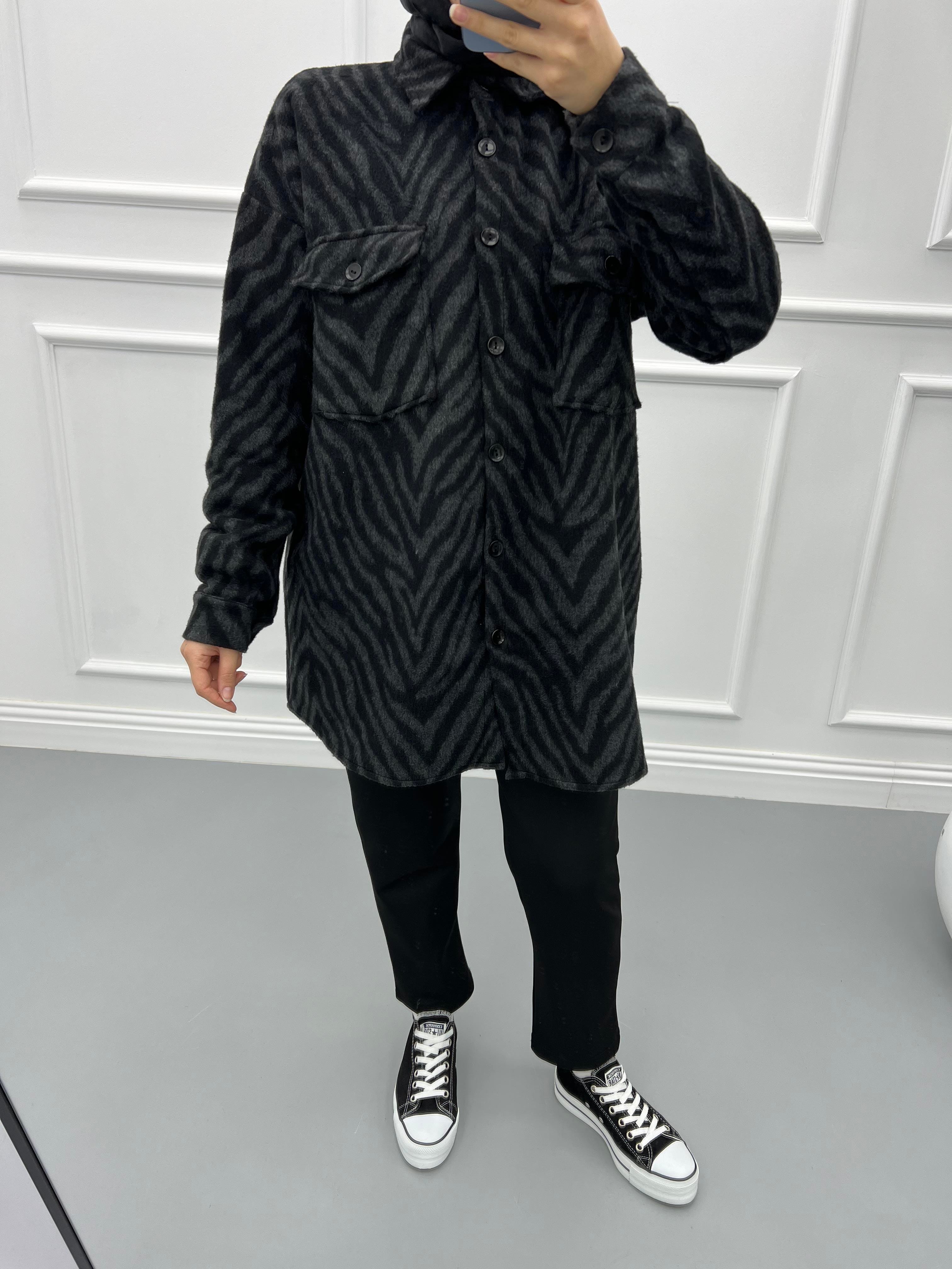 Zebra Desen Kaşe Gömlek Siyah