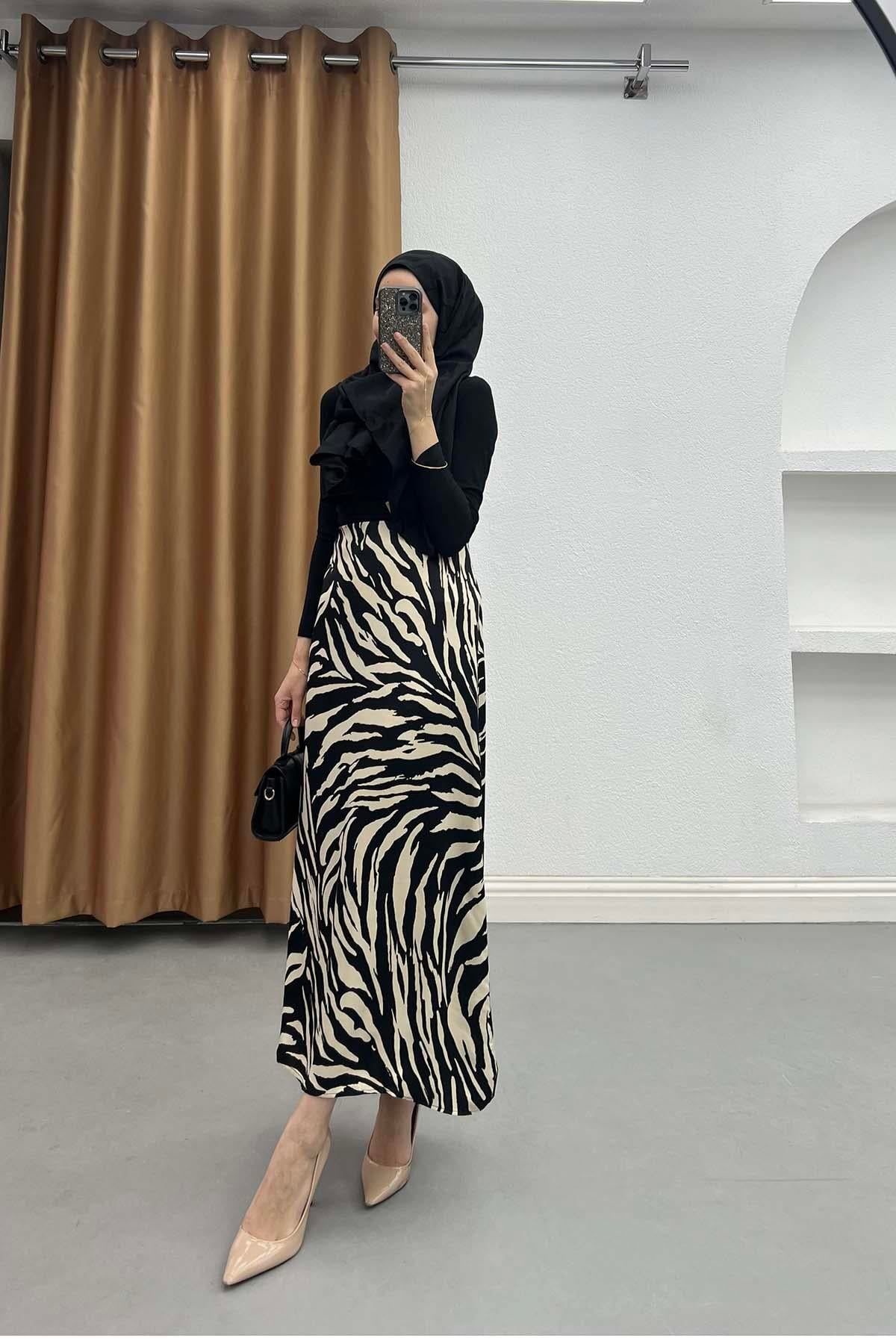 Zebra Desenli Akışkan Saten Etek Zebra