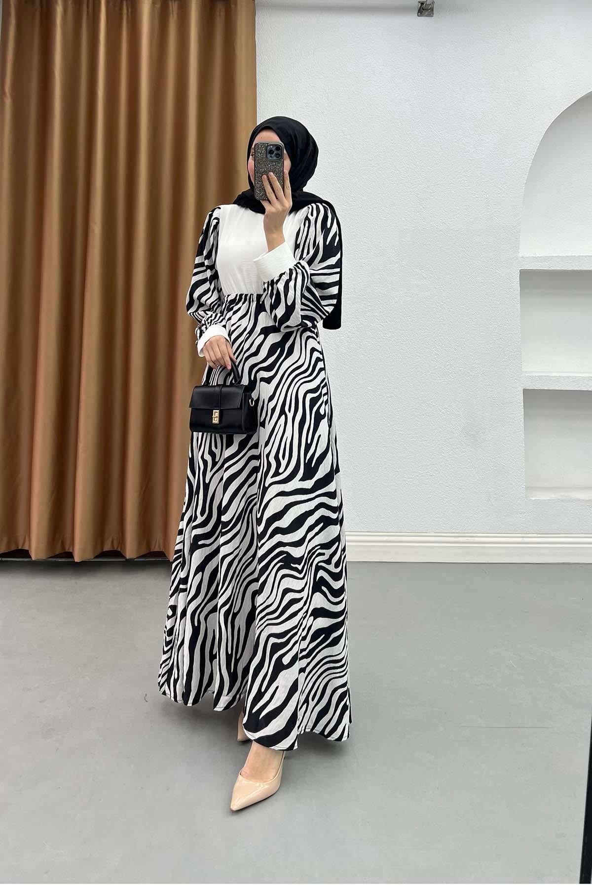 Zebra Desenli Elbise Siyah