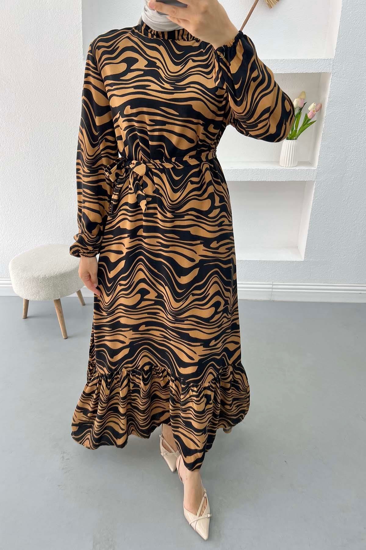 Zebra Desenli Elbise Siyah